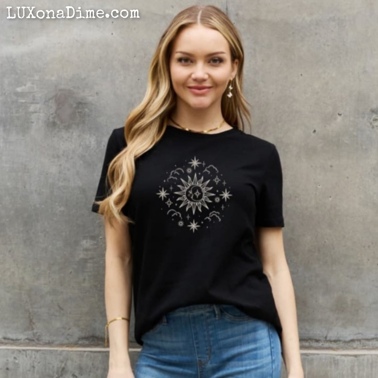 SUN MOON CLOUDS Celestial Graphic Short Sleeve 100% Cotton Tee Shirt (Plus Size Available)