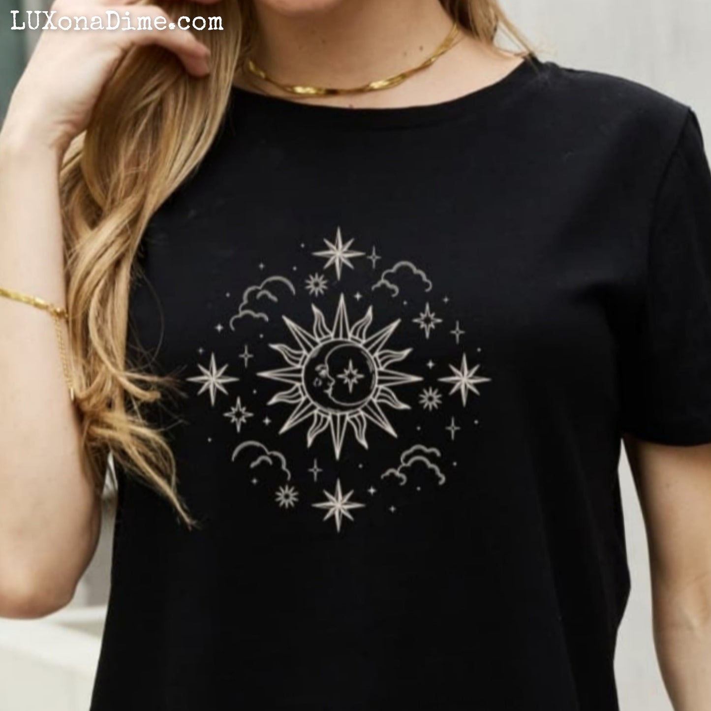 SUN MOON CLOUDS Celestial Graphic Short Sleeve 100% Cotton Tee Shirt (Plus Size Available)