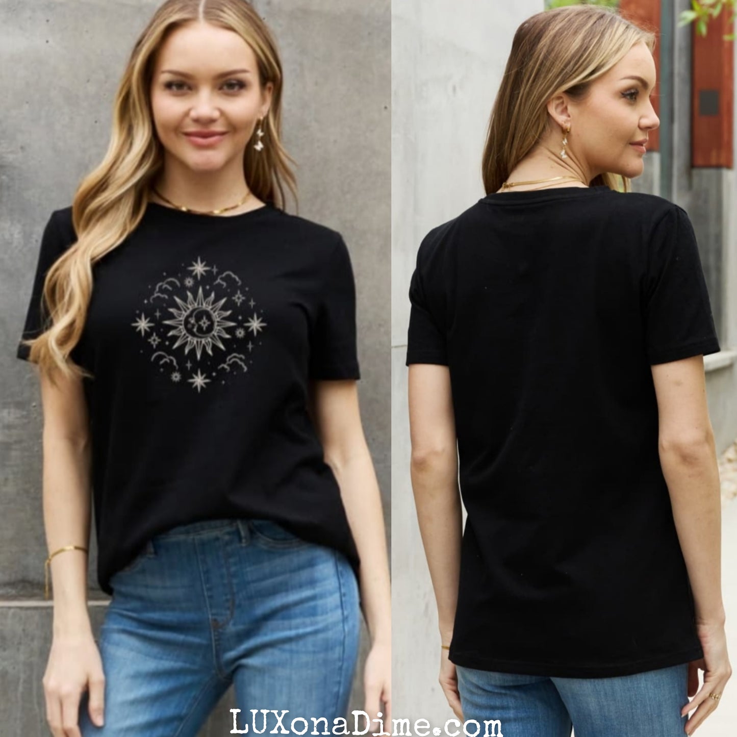 SUN MOON CLOUDS Celestial Graphic Short Sleeve 100% Cotton Tee Shirt (Plus Size Available)