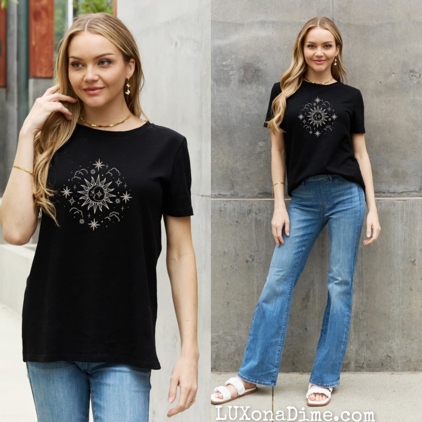 SUN MOON CLOUDS Celestial Graphic Short Sleeve 100% Cotton Tee Shirt (Plus Size Available)