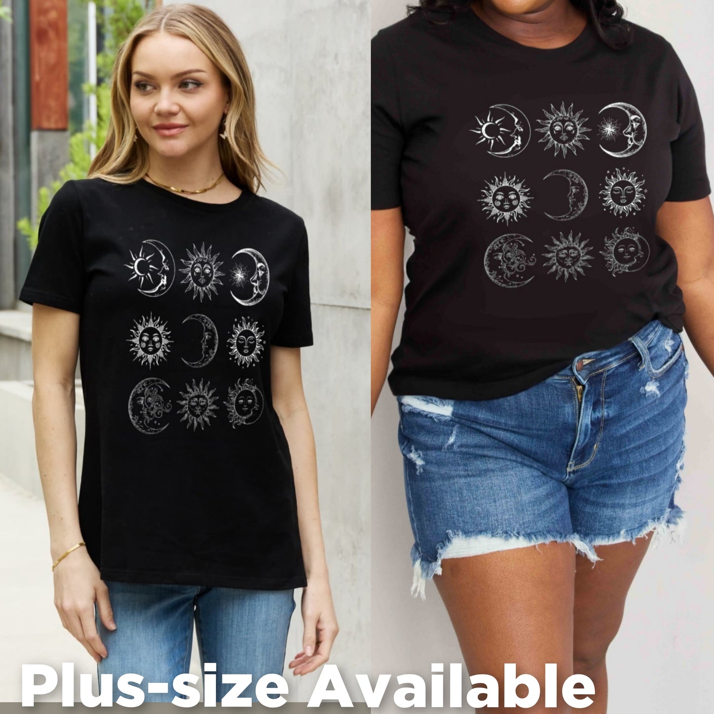 Moon and Sun Celestial Spiritual Graphic 100% Cotton Short-sleeve Tee (Plus Size Available)