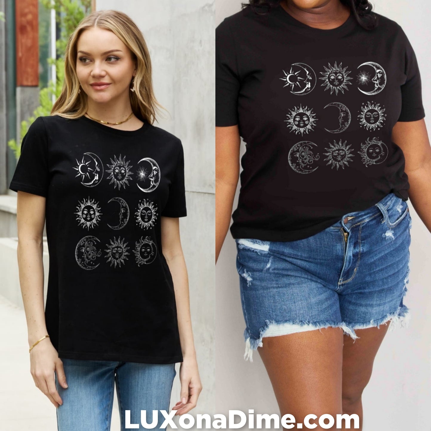 Moon and Sun Celestial Spiritual Graphic 100% Cotton Short-sleeve Tee (Plus Size Available)