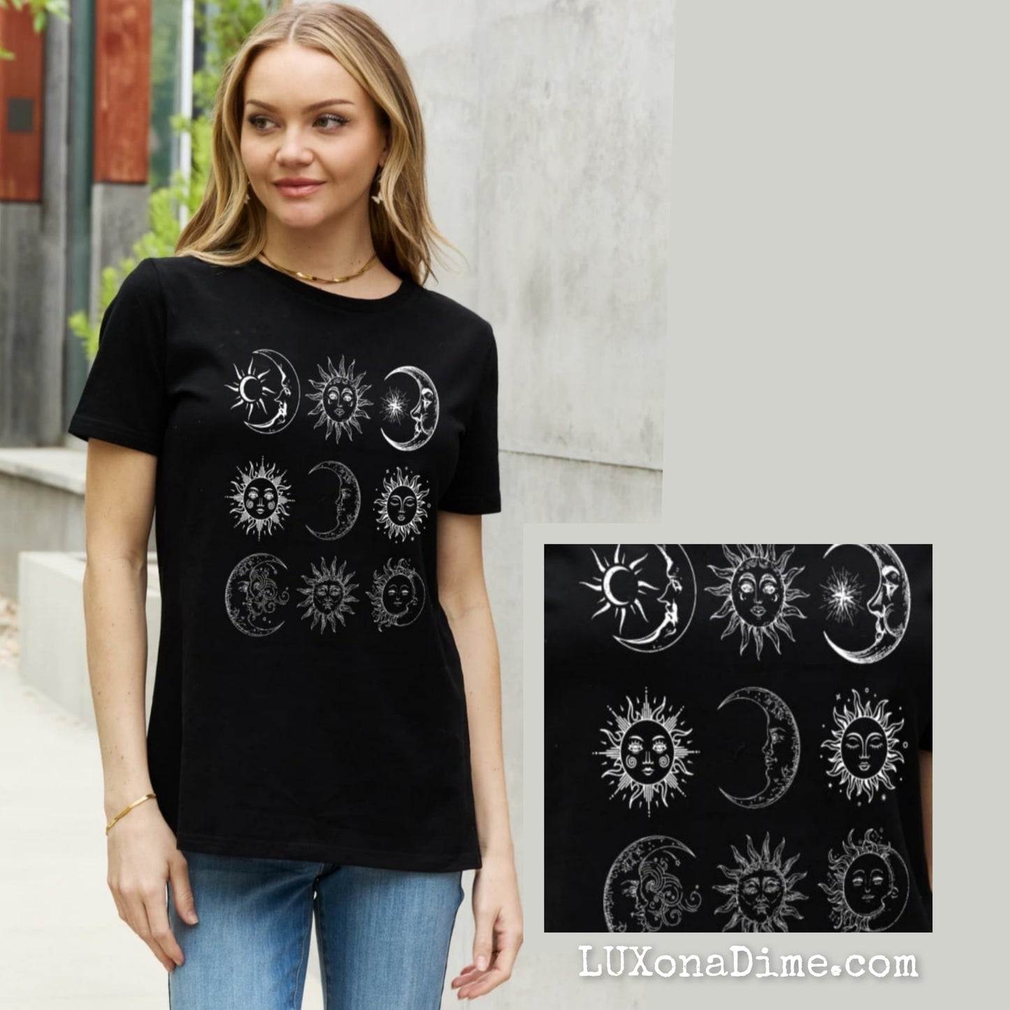Moon and Sun Celestial Spiritual Graphic 100% Cotton Short-sleeve Tee (Plus Size Available)