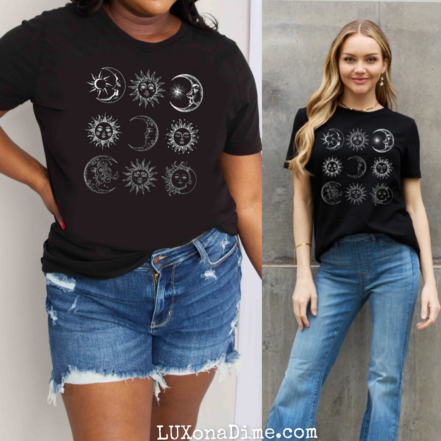 Moon and Sun Celestial Spiritual Graphic 100% Cotton Short-sleeve Tee (Plus Size Available)