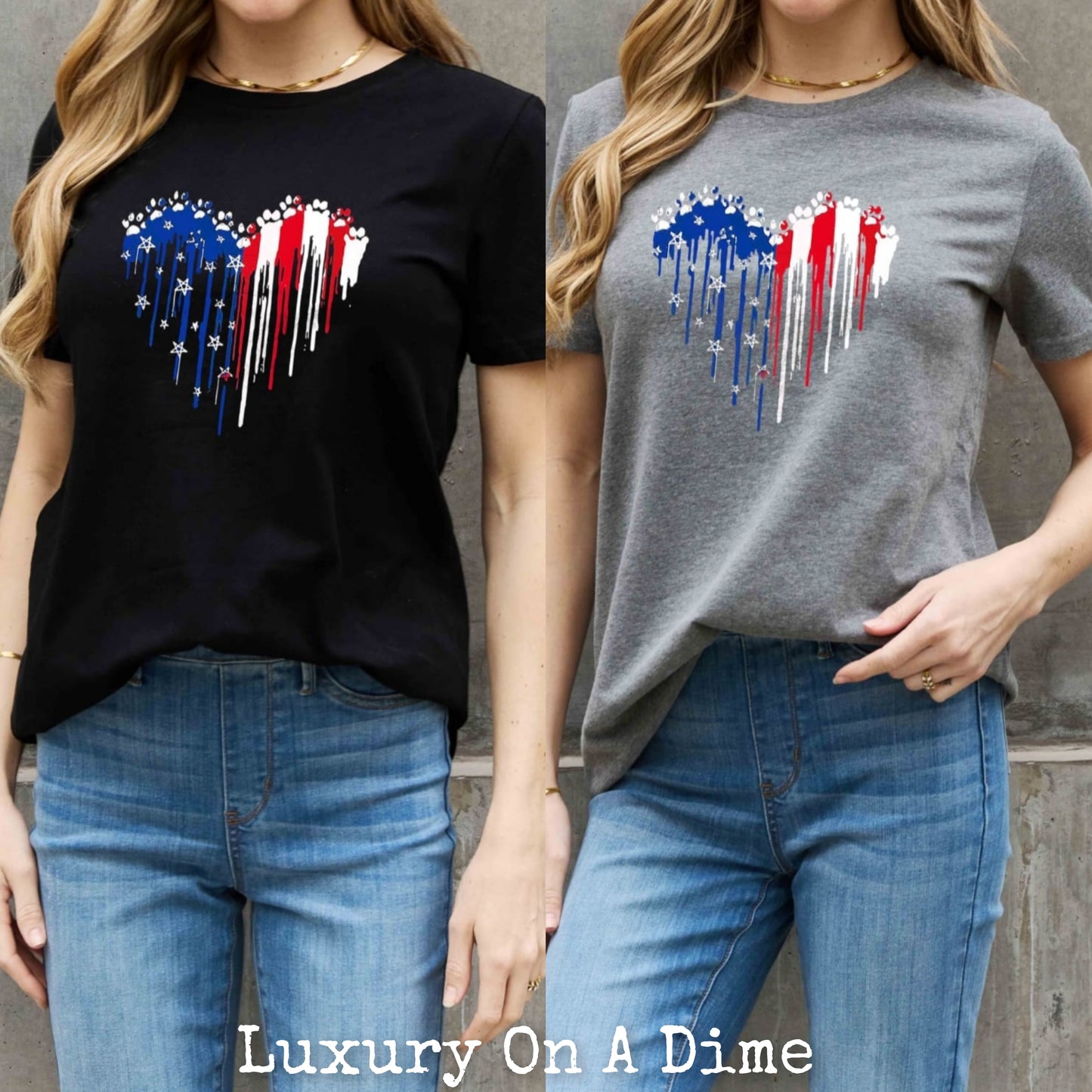 Paw-Print US American Flag Heart Graphic 100% Cotton Short-sleeve Tee Shirt (Plus Size Available)