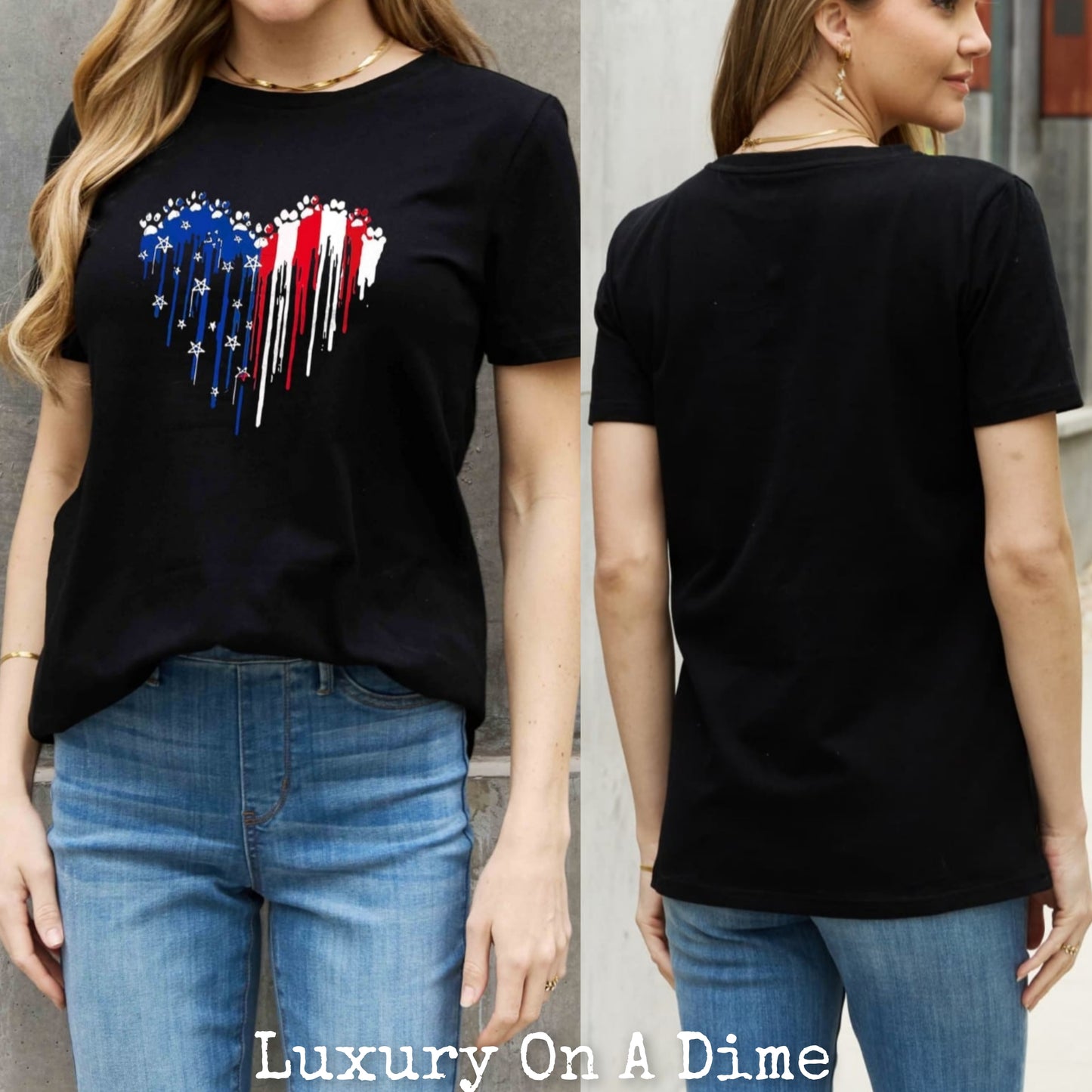 Paw-Print US American Flag Heart Graphic 100% Cotton Short-sleeve Tee Shirt (Plus Size Available)
