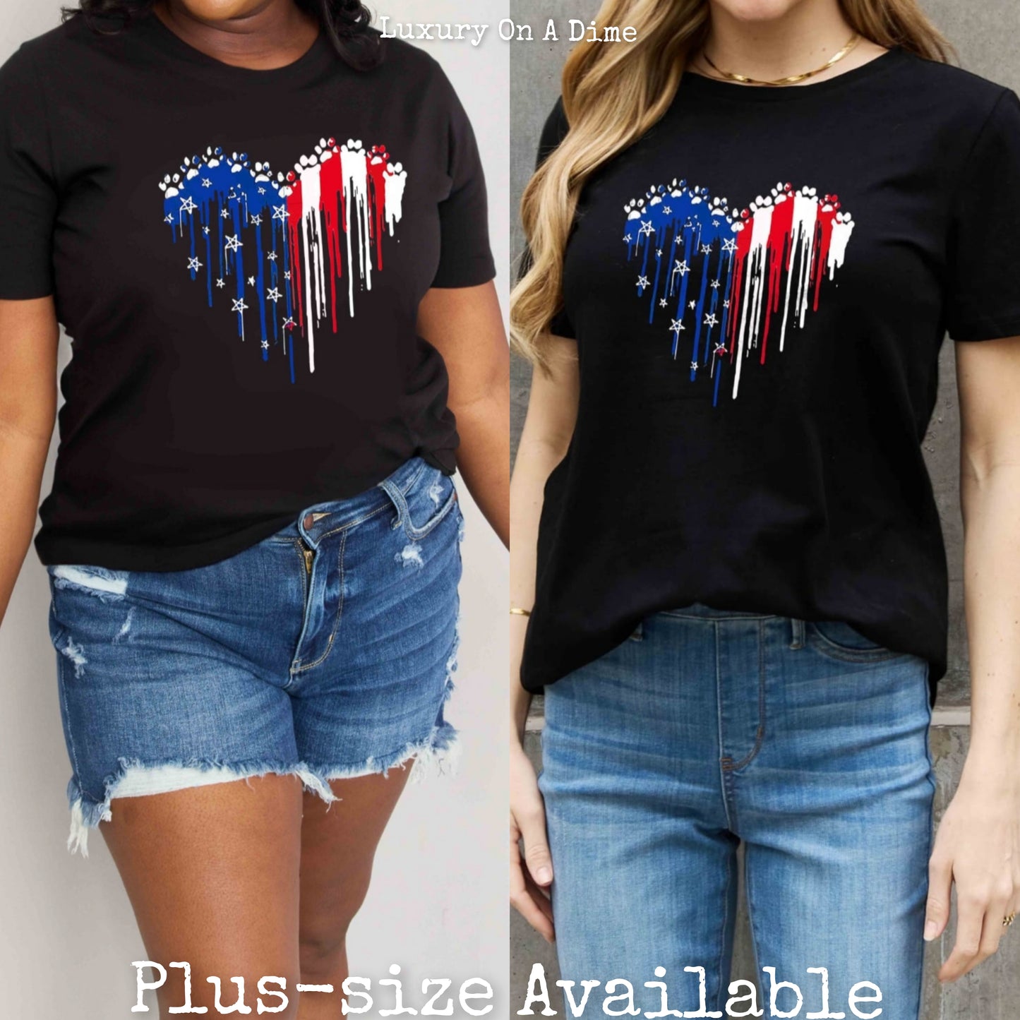 Paw-Print US American Flag Heart Graphic 100% Cotton Short-sleeve Tee Shirt (Plus Size Available)