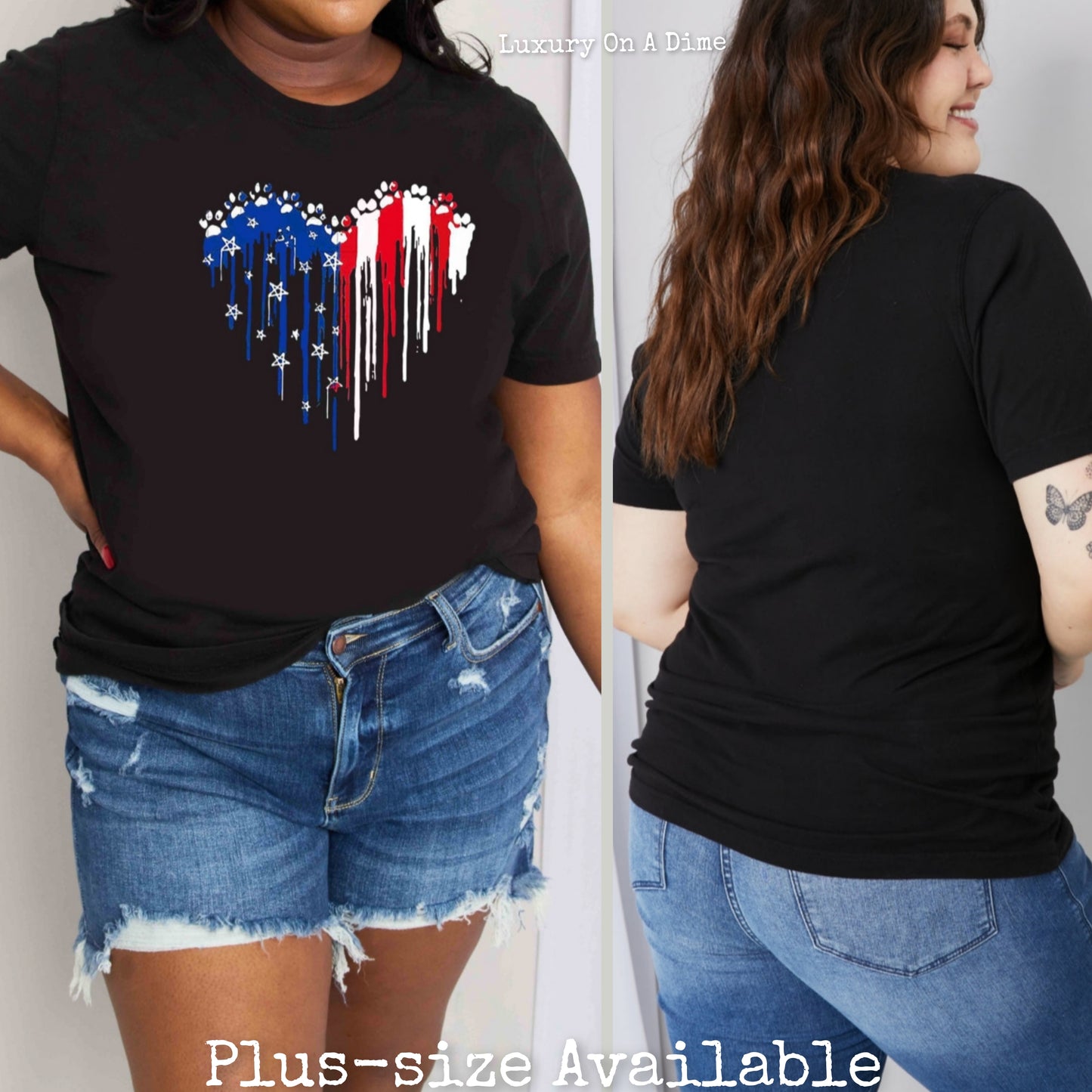 Paw-Print US American Flag Heart Graphic 100% Cotton Short-sleeve Tee Shirt (Plus Size Available)