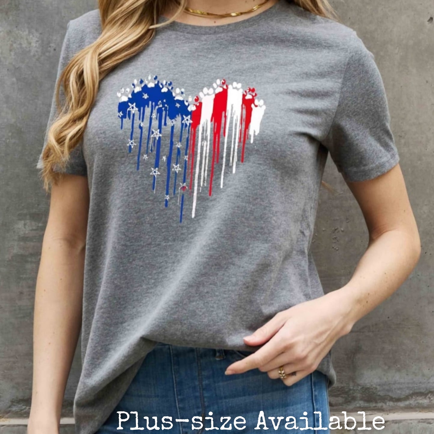 Paw-Print US American Flag Heart Graphic 100% Cotton Short-sleeve Tee Shirt (Plus Size Available)
