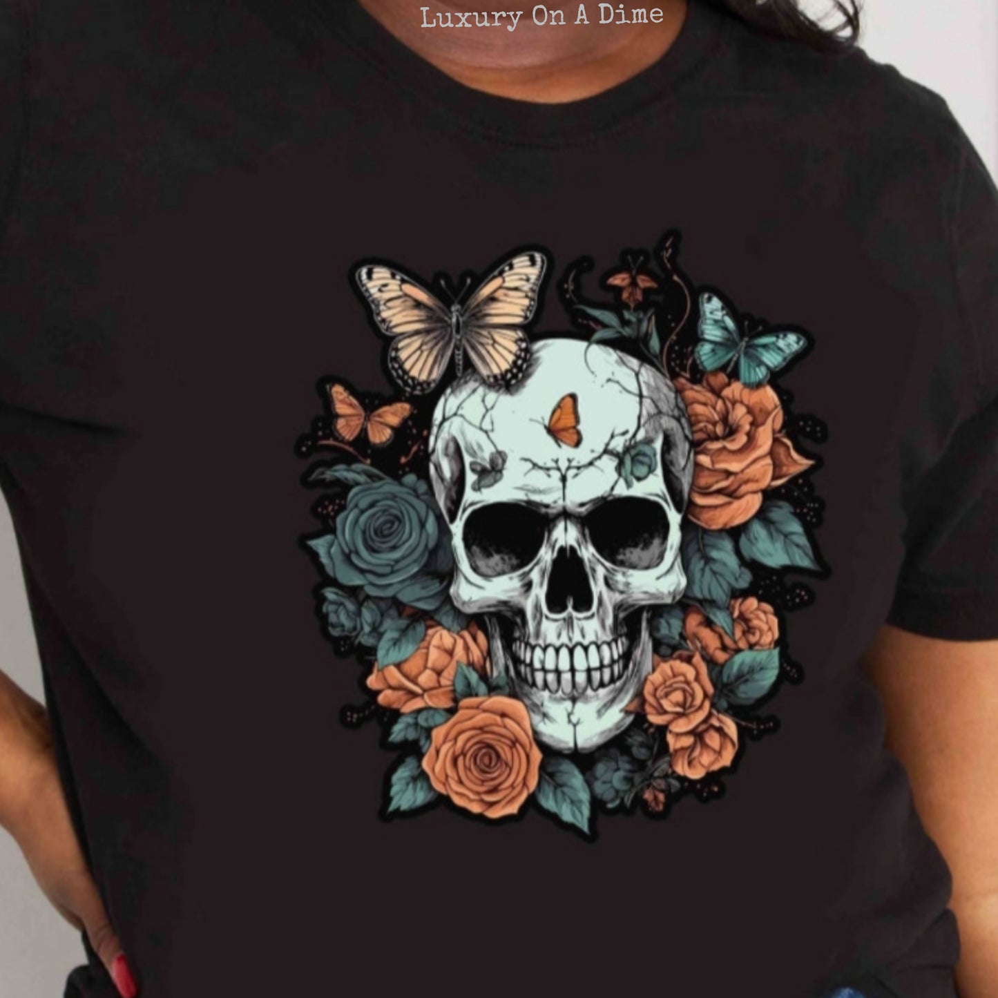 Rose Skull Butterfly Tattoo Graphic 100% Cotton T-Shirt (Plus Size Available)