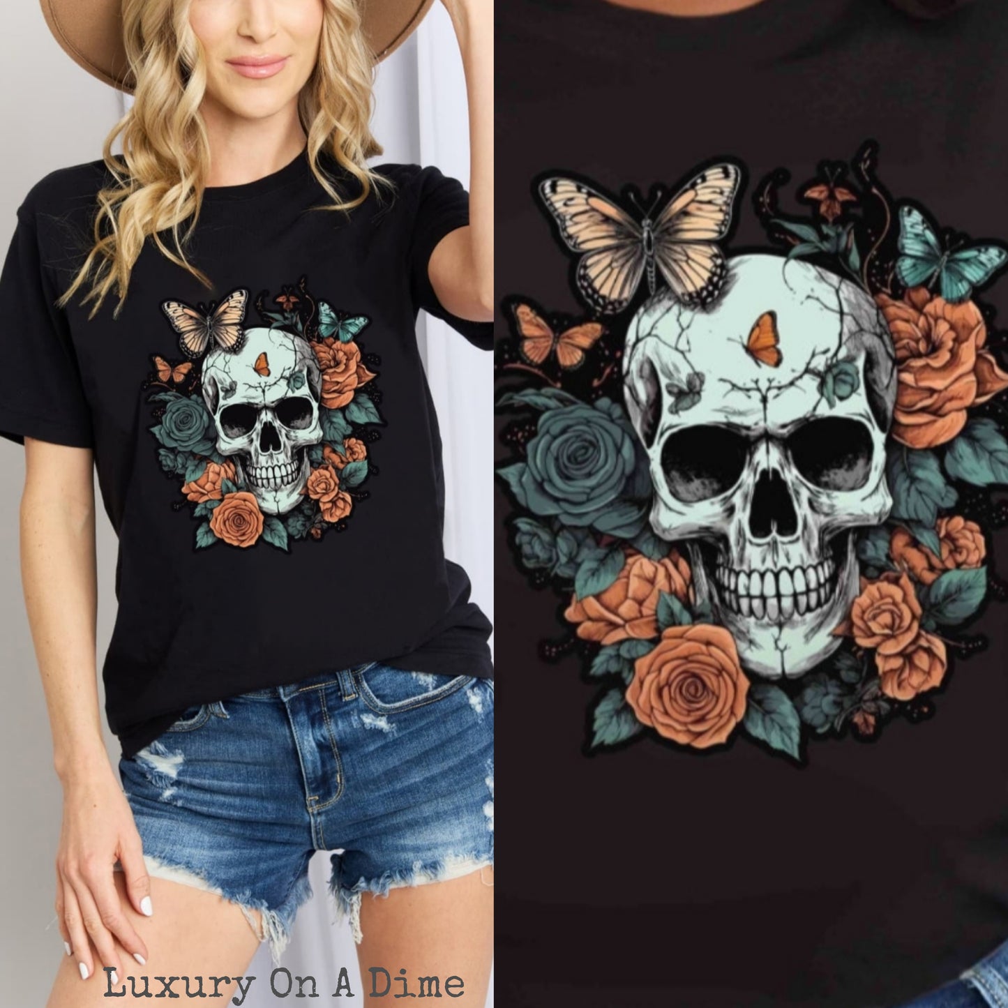 Rose Skull Butterfly Tattoo Graphic 100% Cotton T-Shirt (Plus Size Available)