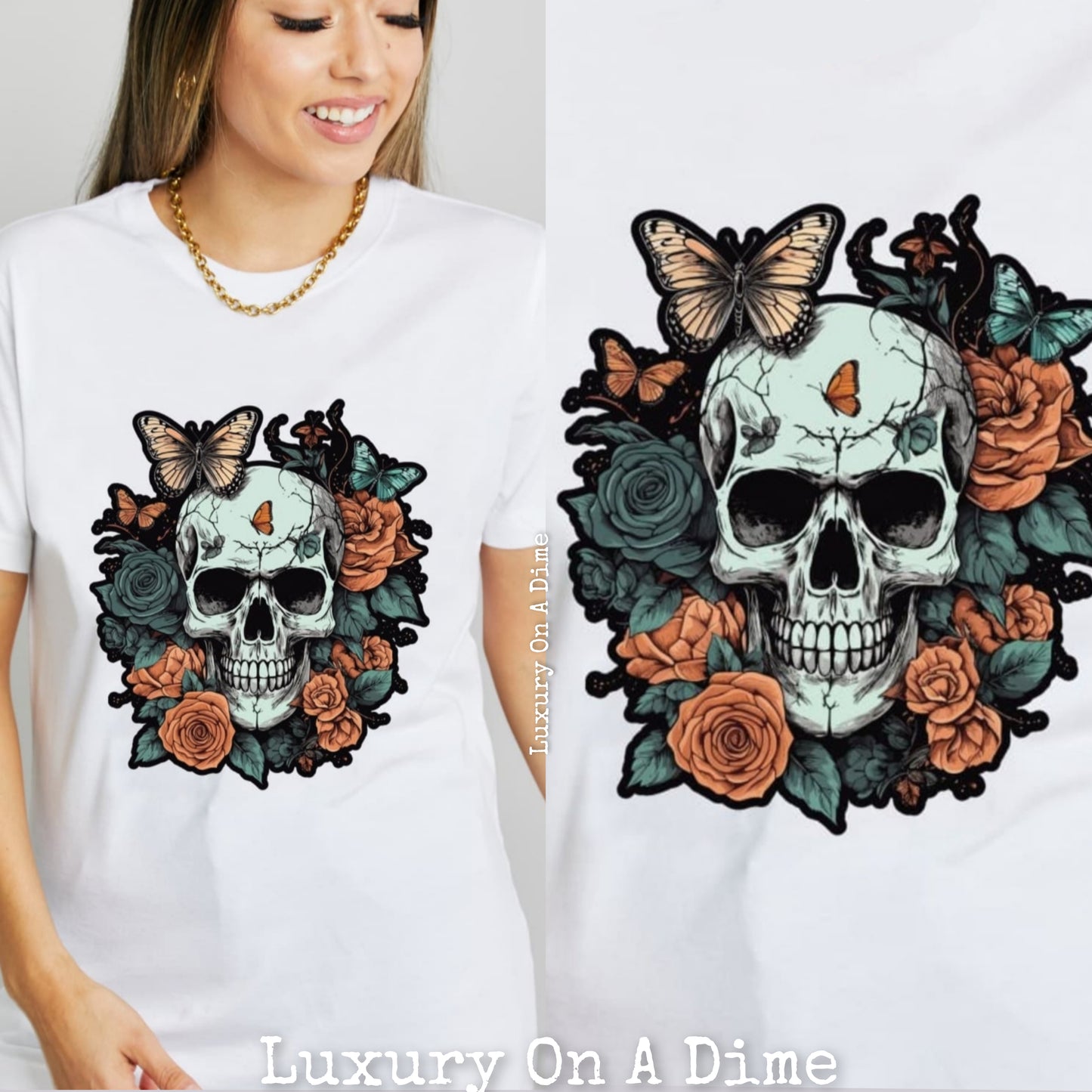 Rose Skull Butterfly Tattoo Graphic 100% Cotton T-Shirt (Plus Size Available)