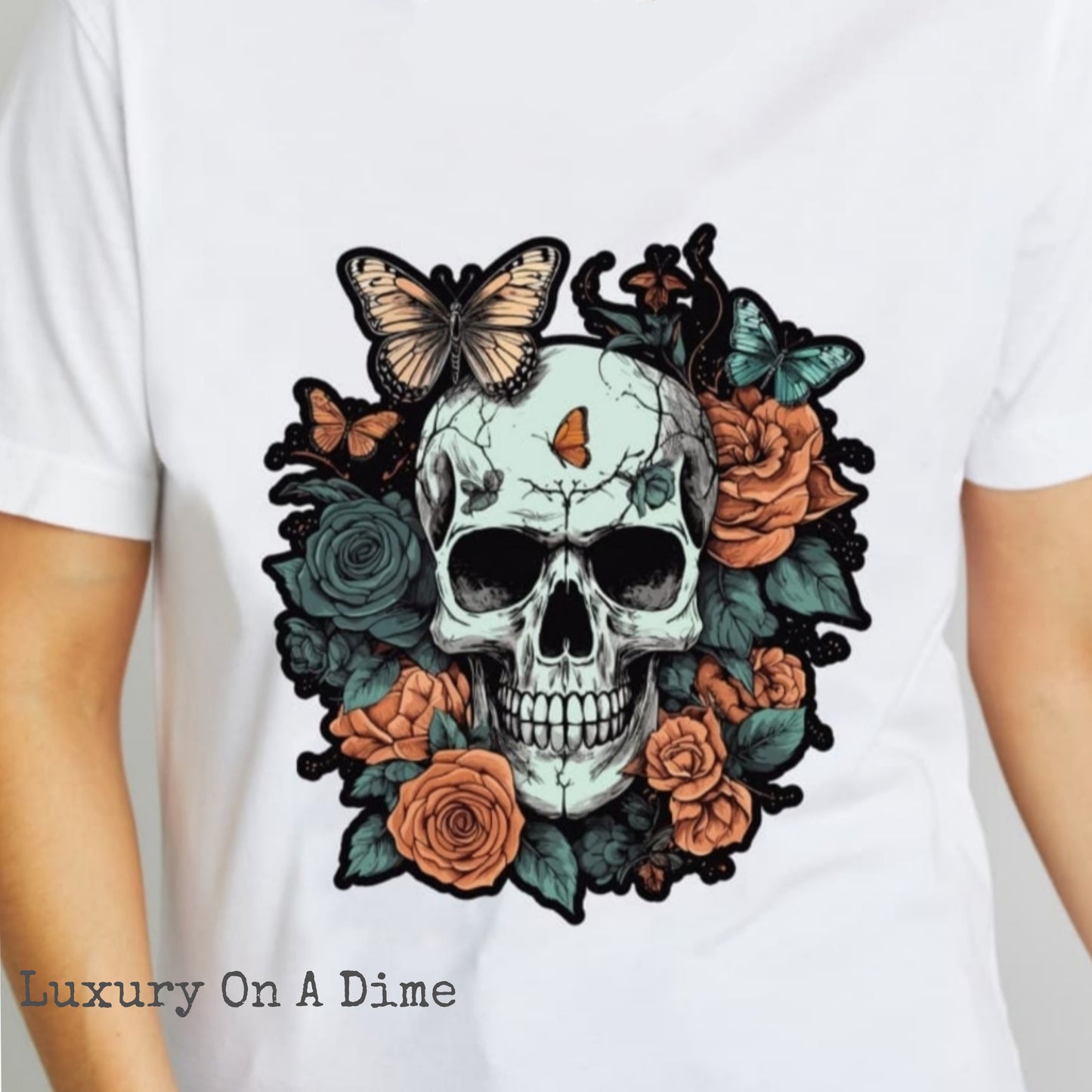 Rose Skull Butterfly Tattoo Graphic 100% Cotton T-Shirt (Plus Size Available)