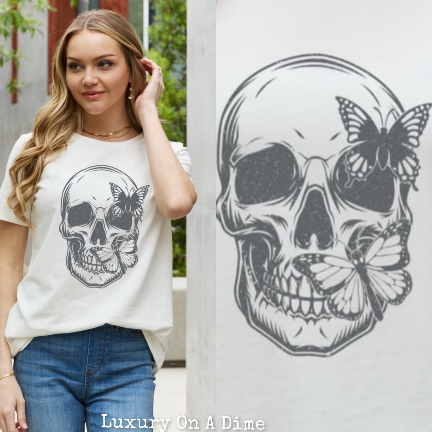 Butterfly Skull Contrasting Graphic 100% Cotton Short-sleeve Tee Shirt