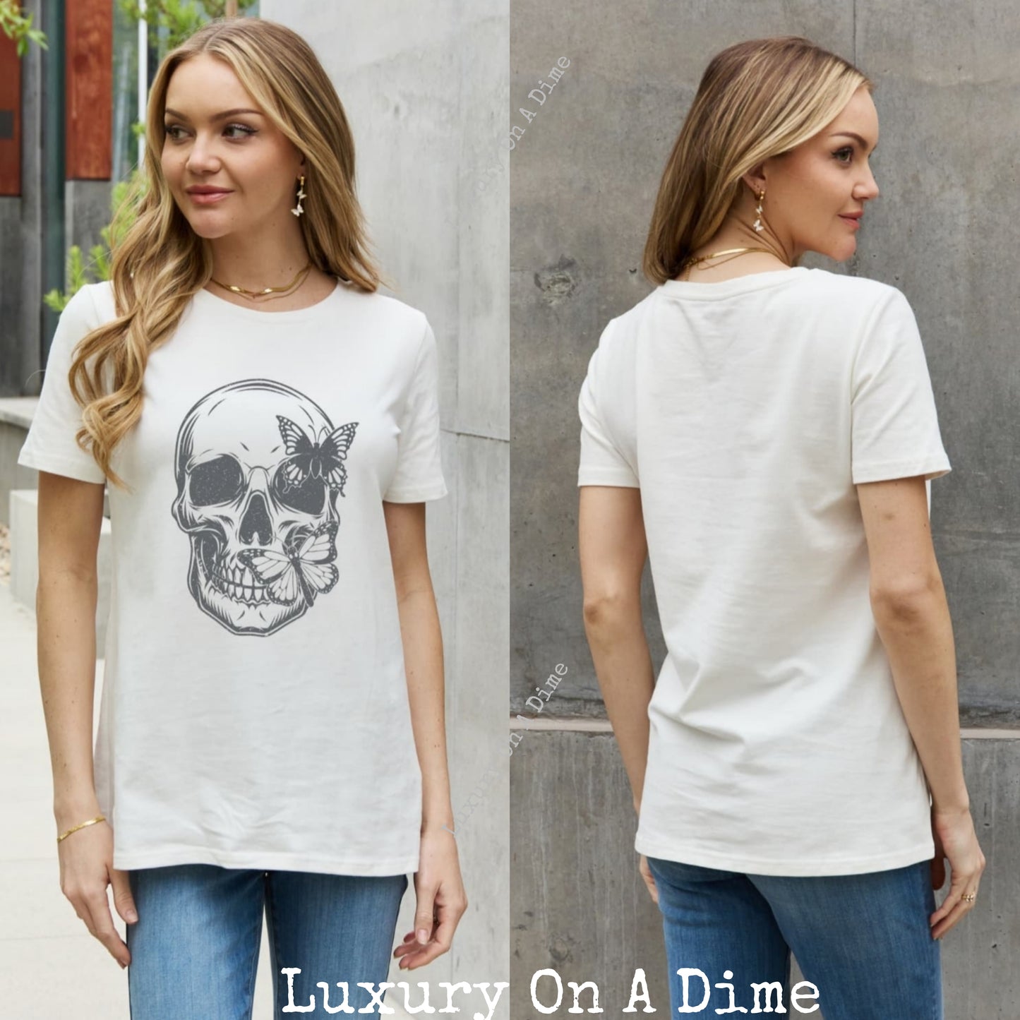 Butterfly Skull Contrasting Graphic 100% Cotton Short-sleeve Tee Shirt
