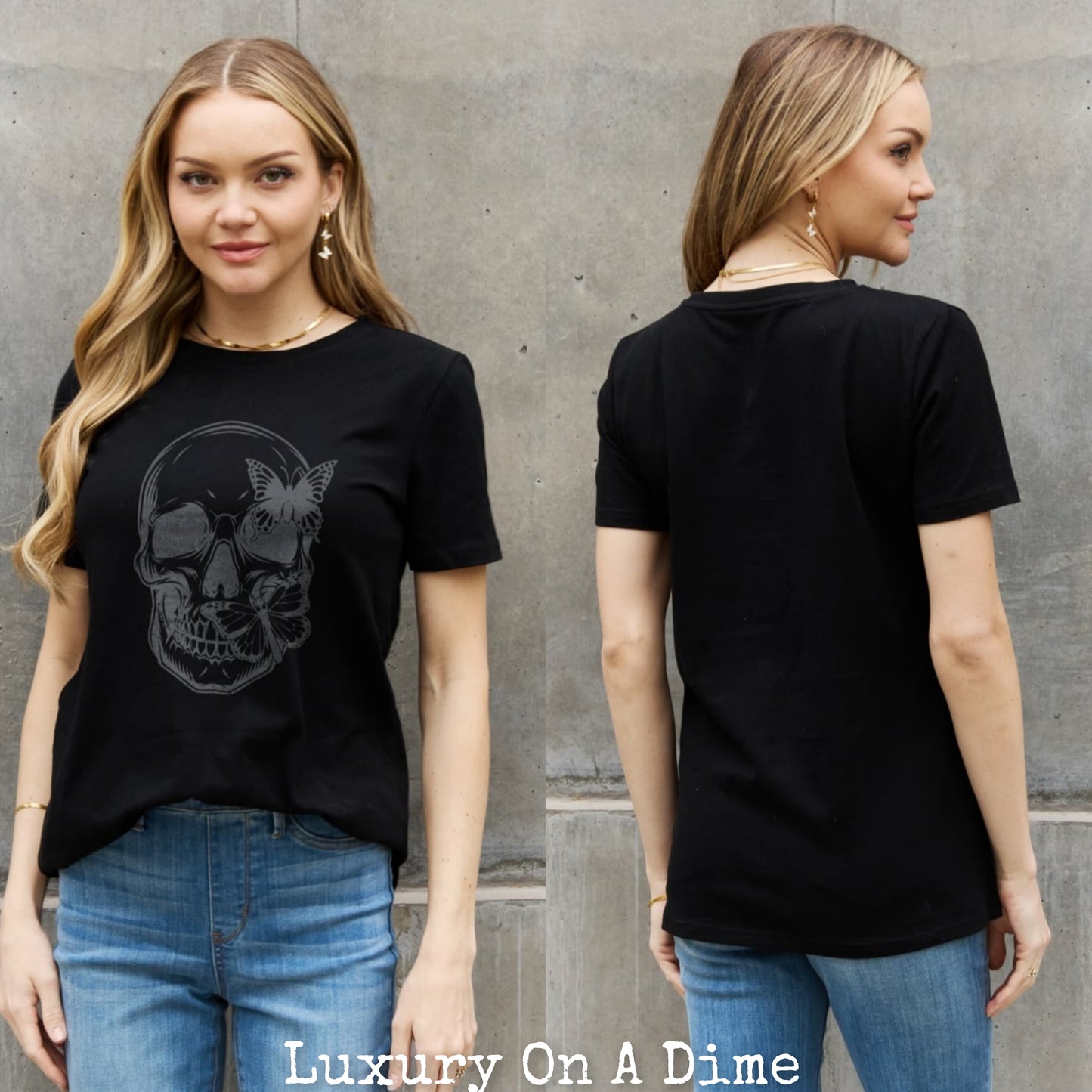 Butterfly Skull Contrasting Graphic 100% Cotton Short-sleeve Tee Shirt