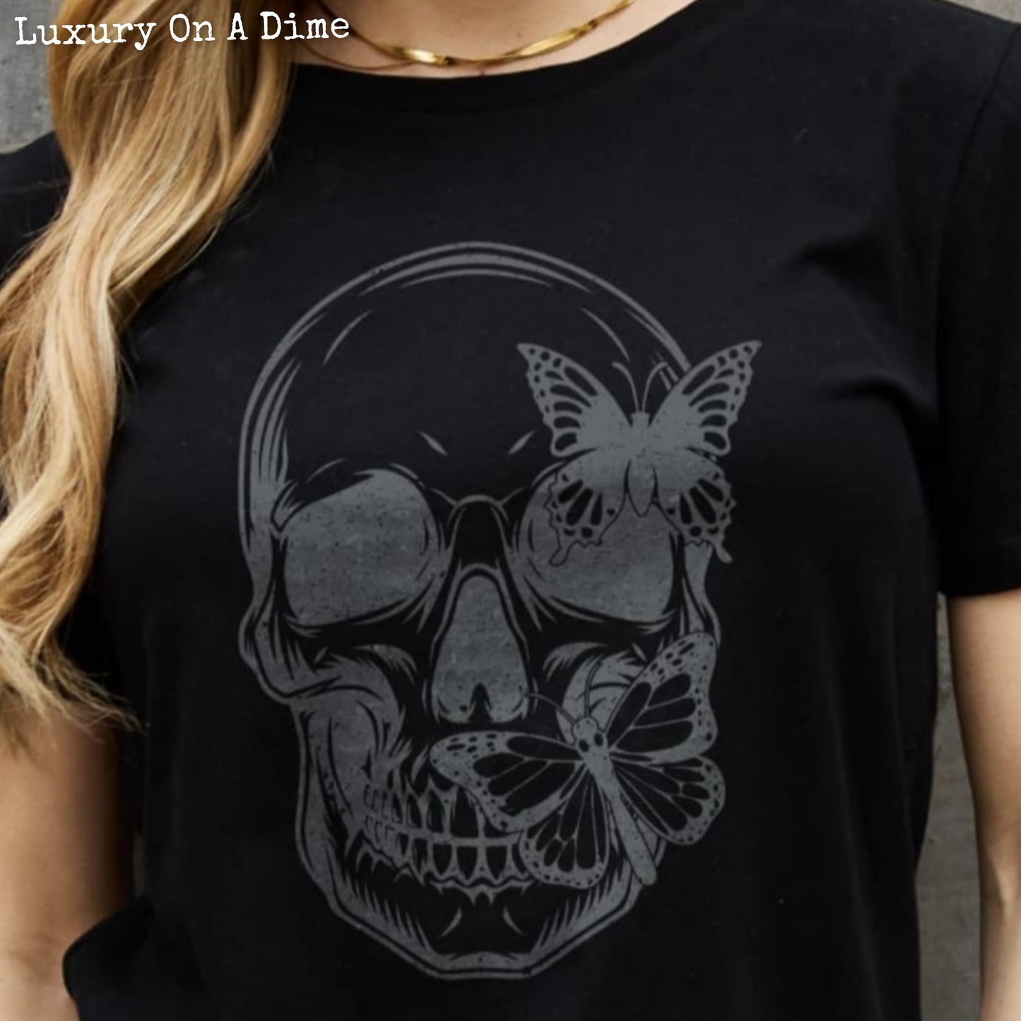 Butterfly Skull Contrasting Graphic 100% Cotton Short-sleeve Tee Shirt