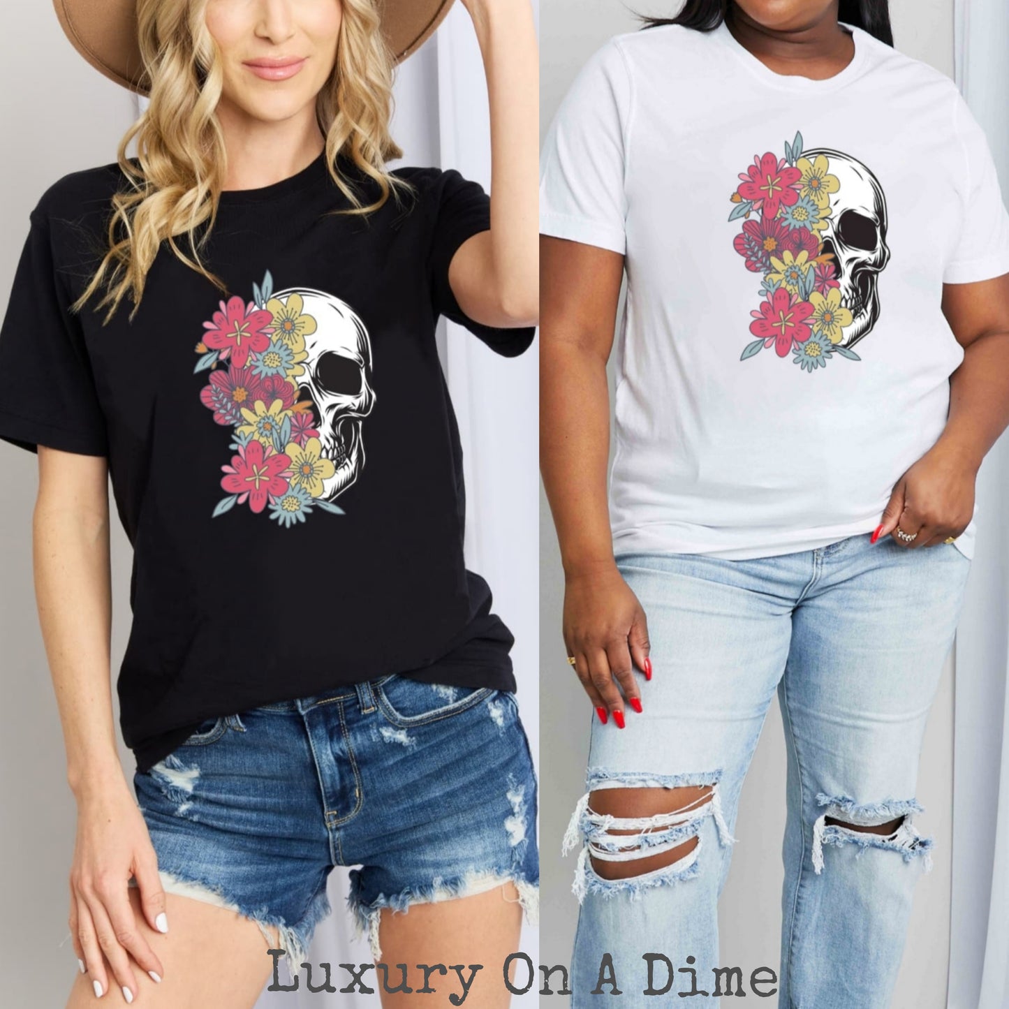 Colorful Floral Skull Graphic 100% Cotton Short Sleeve Tee Shirt (Plus Size Available)
