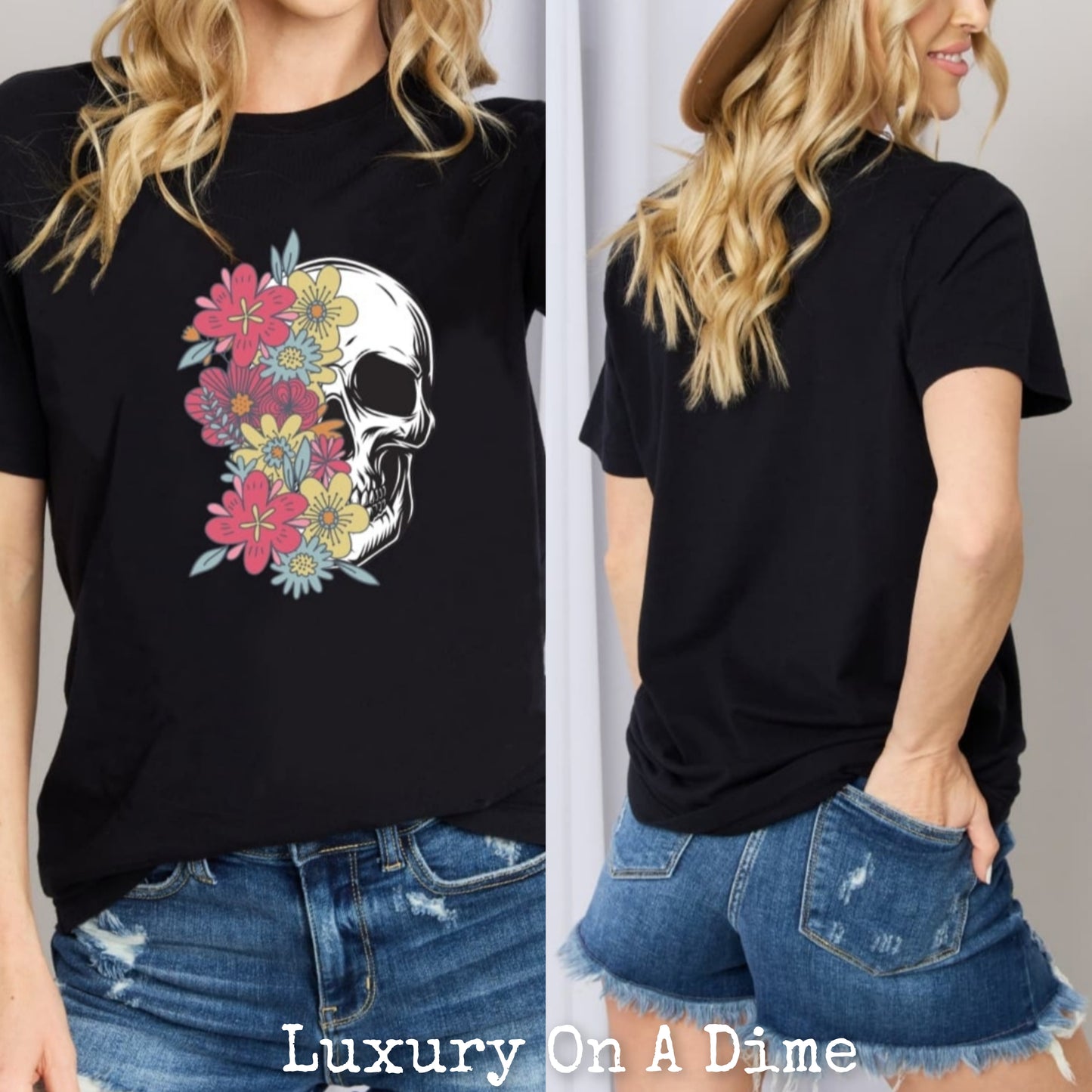 Colorful Floral Skull Graphic 100% Cotton Short Sleeve Tee Shirt (Plus Size Available)