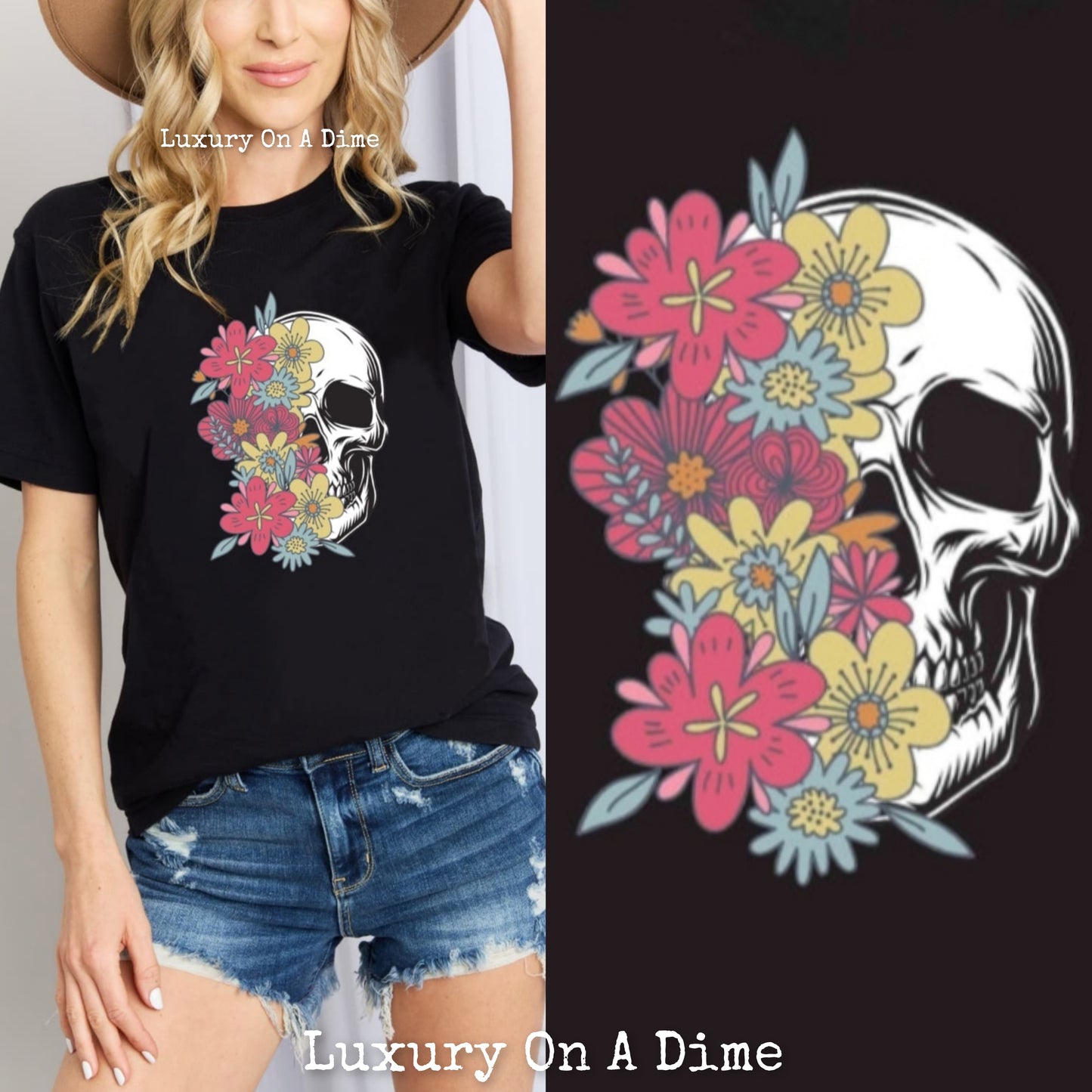 Colorful Floral Skull Graphic 100% Cotton Short Sleeve Tee Shirt (Plus Size Available)