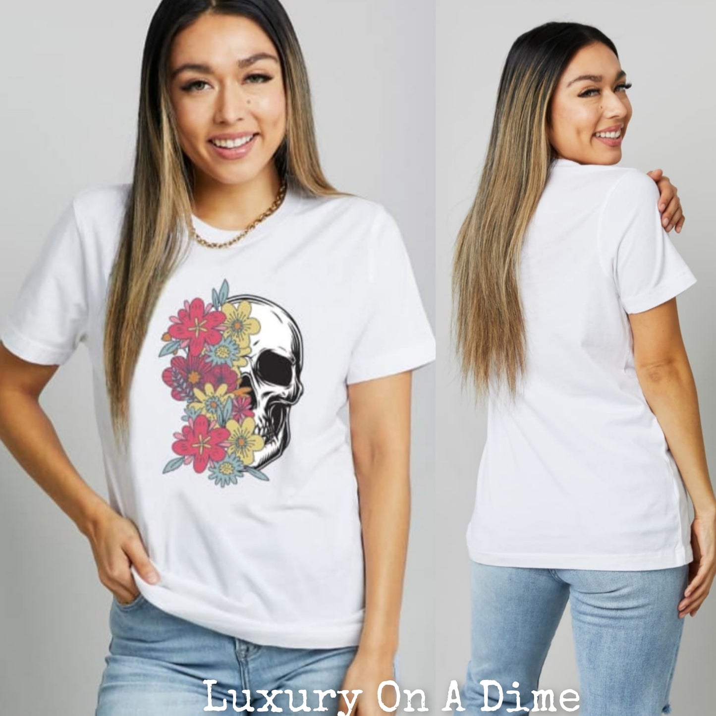Colorful Floral Skull Graphic 100% Cotton Short Sleeve Tee Shirt (Plus Size Available)