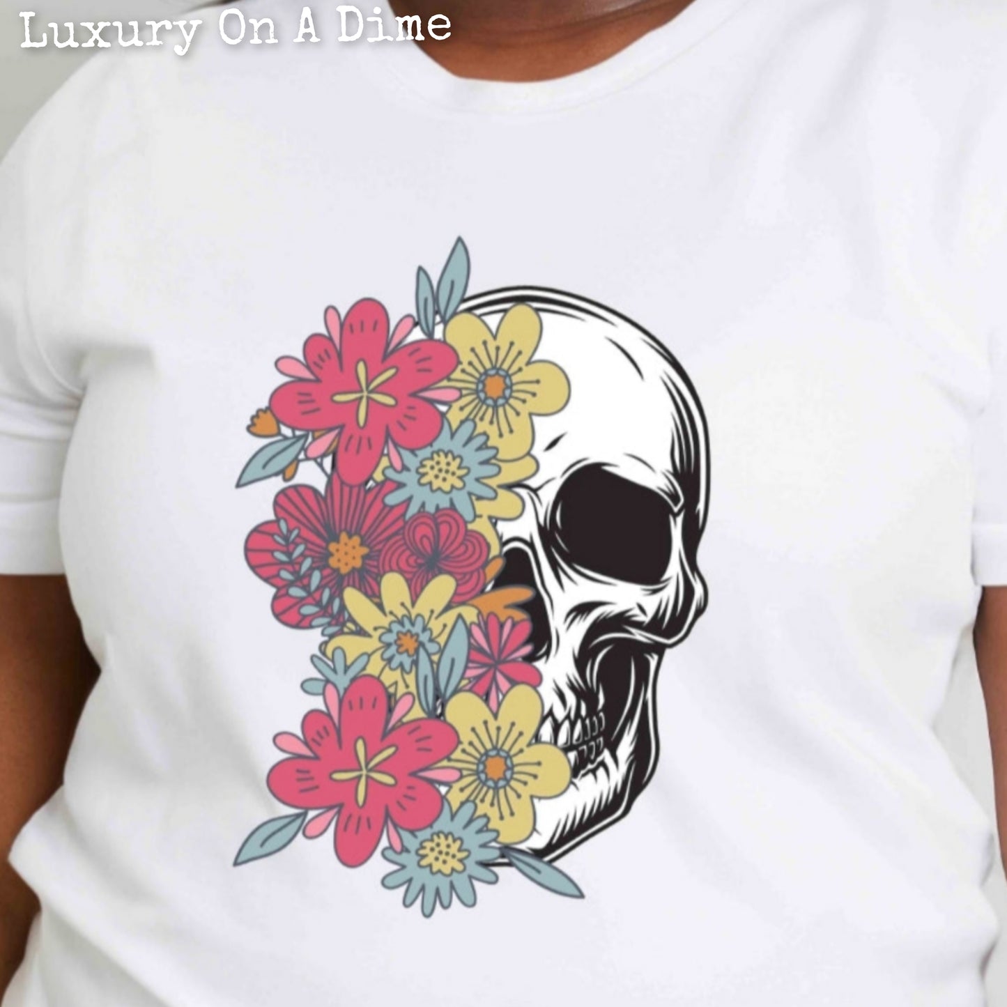 Colorful Floral Skull Graphic 100% Cotton Short Sleeve Tee Shirt (Plus Size Available)
