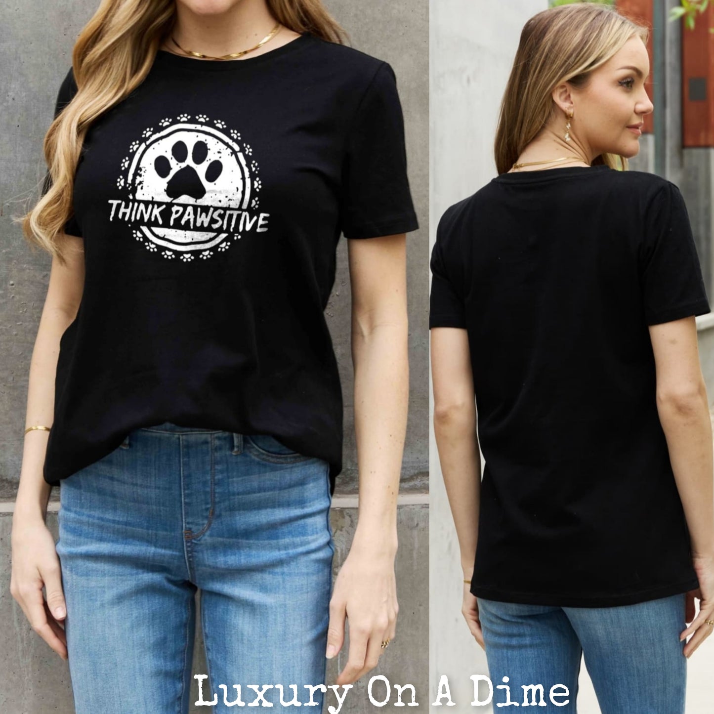 THINK PAWSITIVE Animal Paw Print Graphic 100% Cotton Short Sleeve Tee Shirt (Plus Size Avaialable)