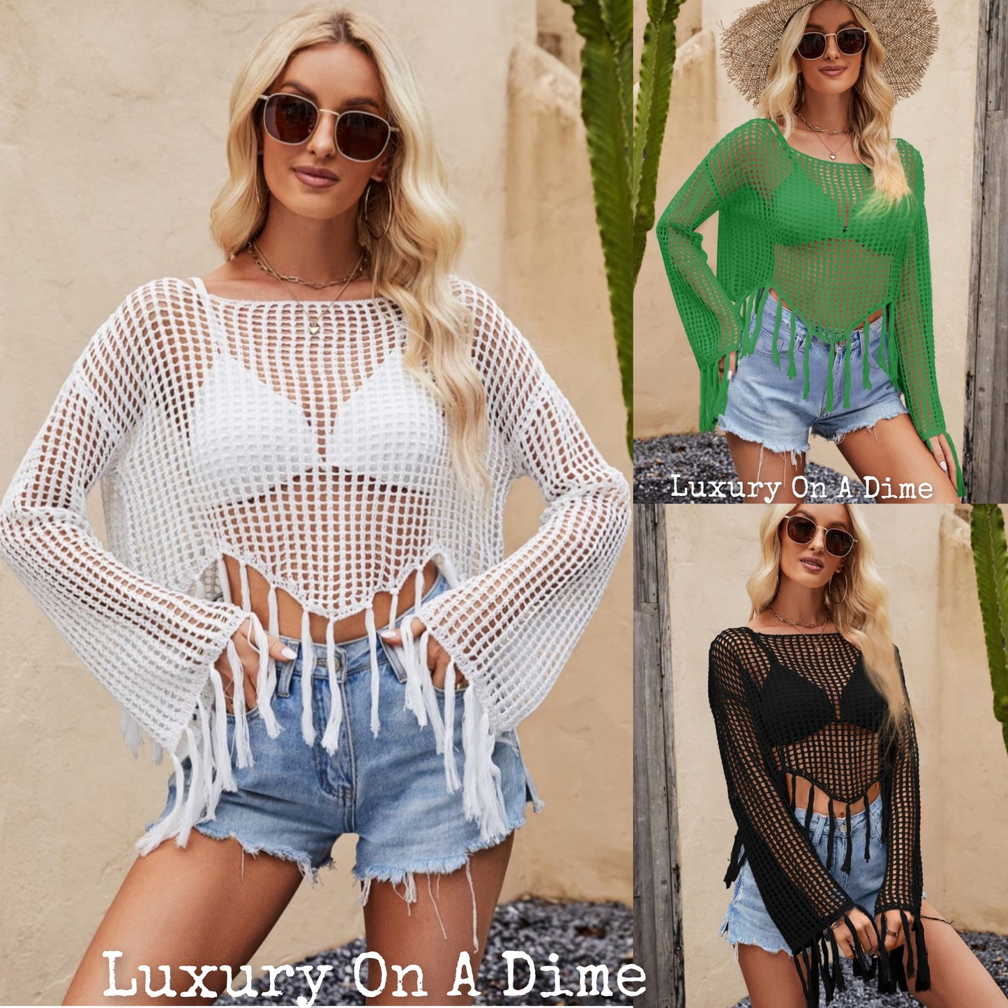Openwork Fishnet Fringe Trim Long Sleeve Crop Top Cover Up White