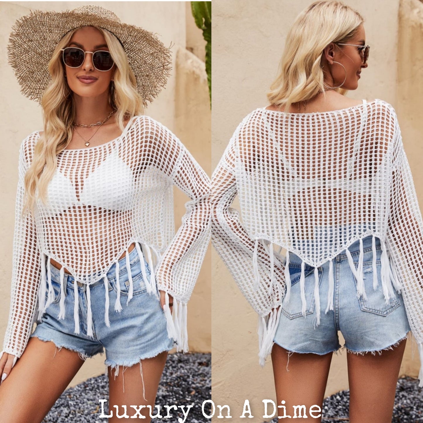 Openwork Fishnet Fringe Trim Long Sleeve Crop Top Cover Up White
