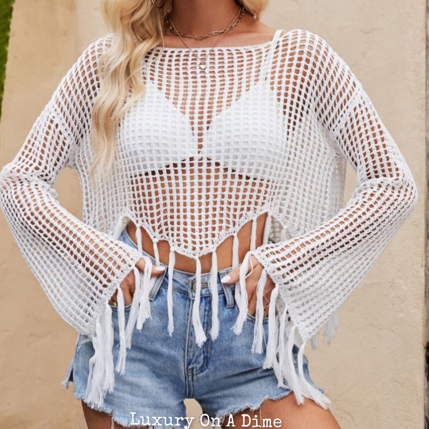 Openwork Fishnet Fringe Trim Long Sleeve Crop Top Cover Up White