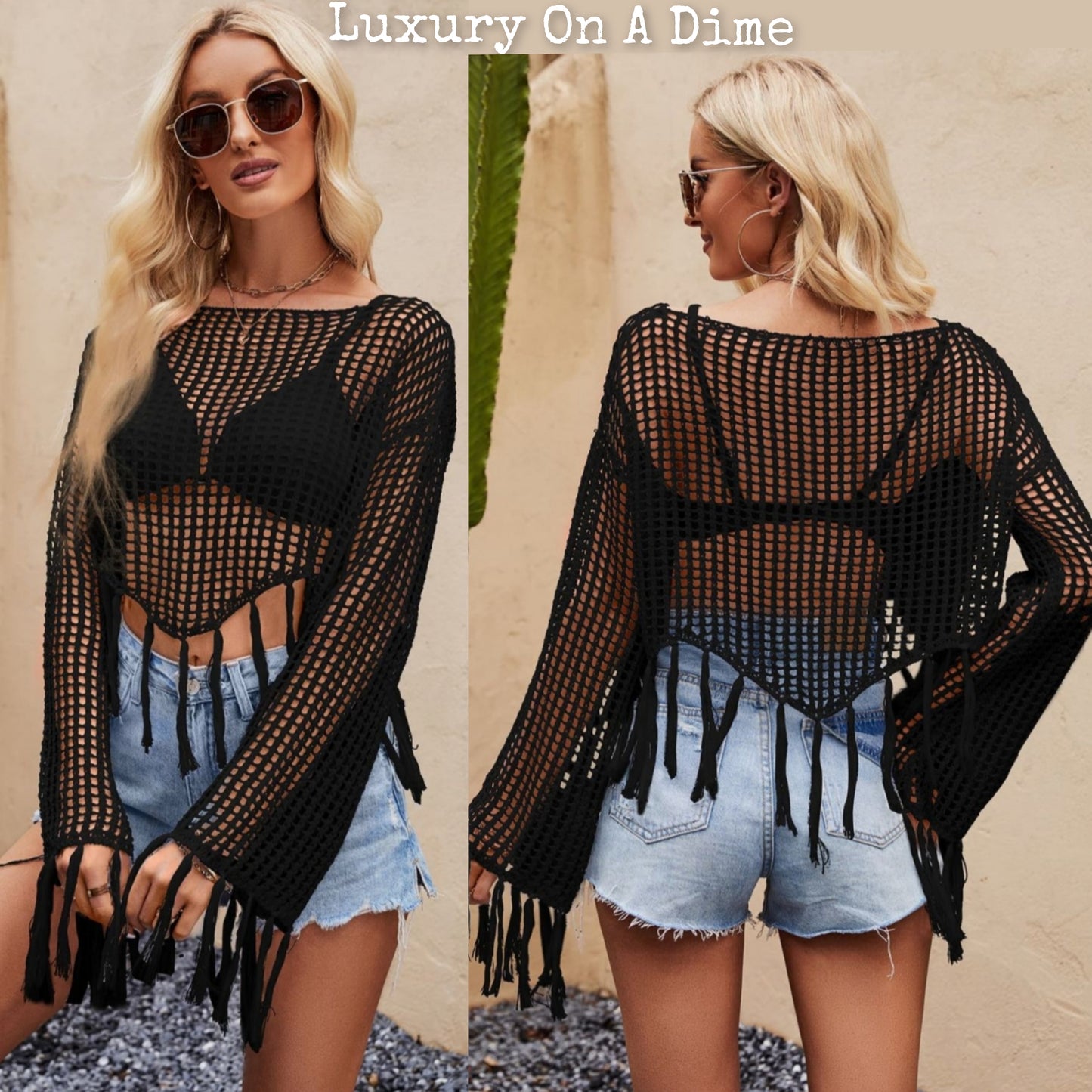 Openwork Fishnet Fringe Trim Long Sleeve Crop Top Cover Up White