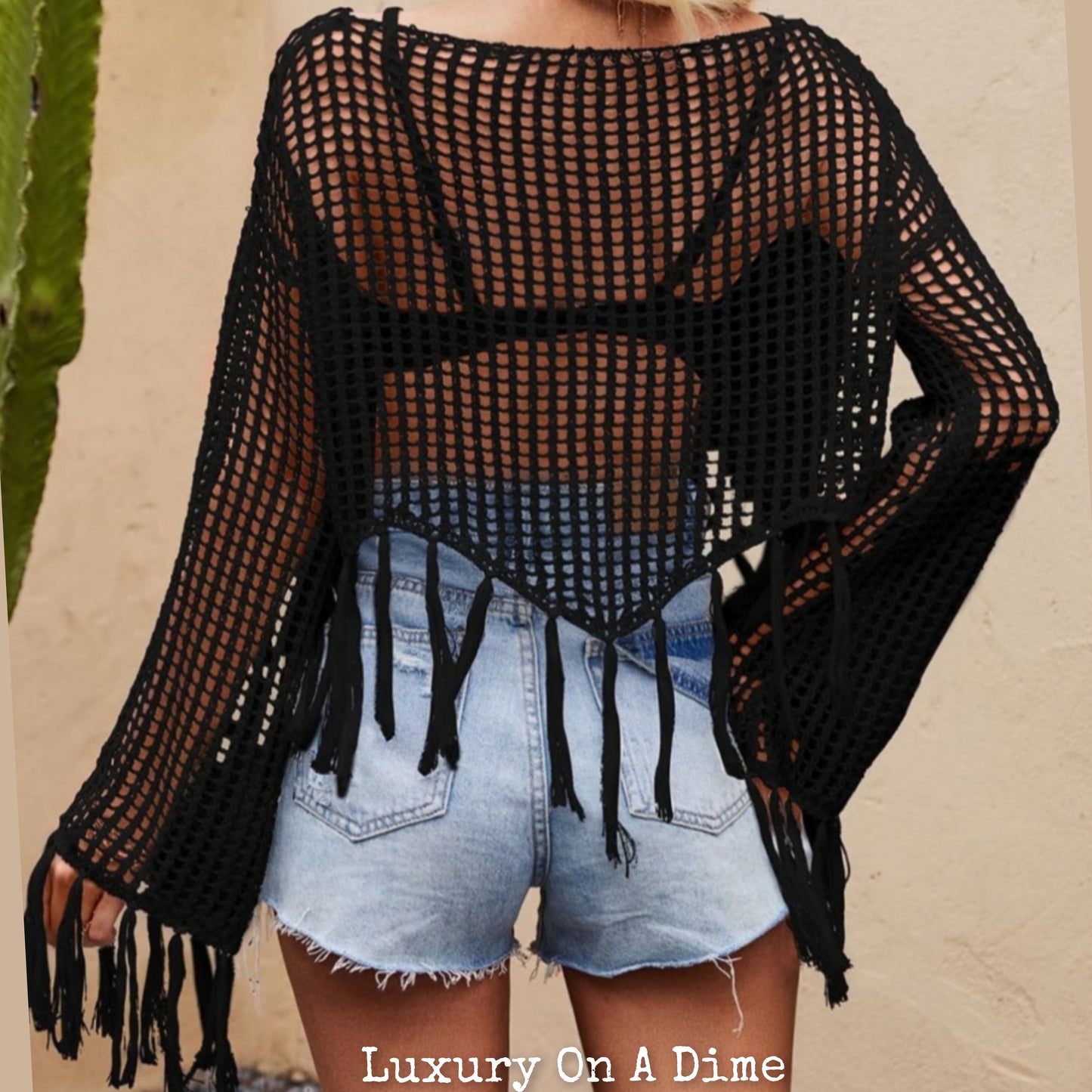 Openwork Fishnet Fringe Trim Long Sleeve Crop Top Cover Up White
