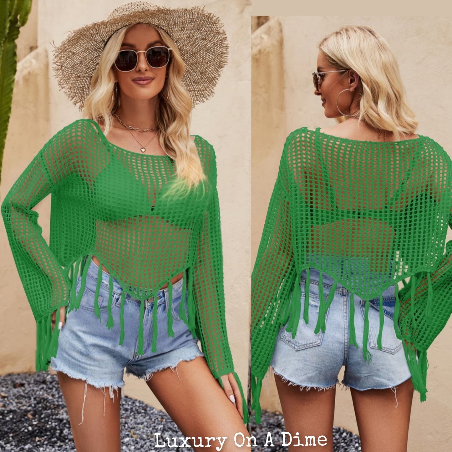 Openwork Fishnet Fringe Trim Long Sleeve Crop Top Cover Up White