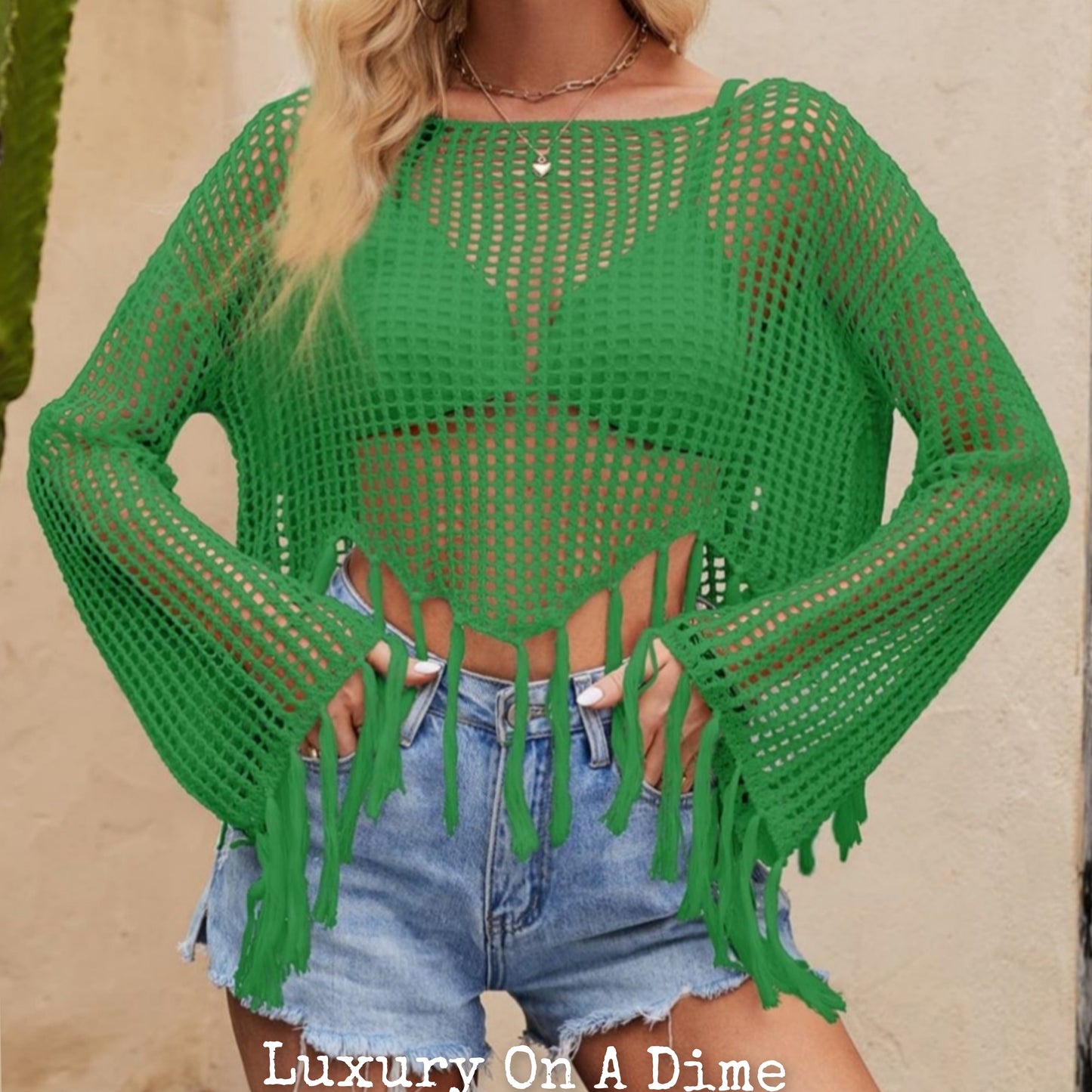 Openwork Fishnet Fringe Trim Long Sleeve Crop Top Cover Up White
