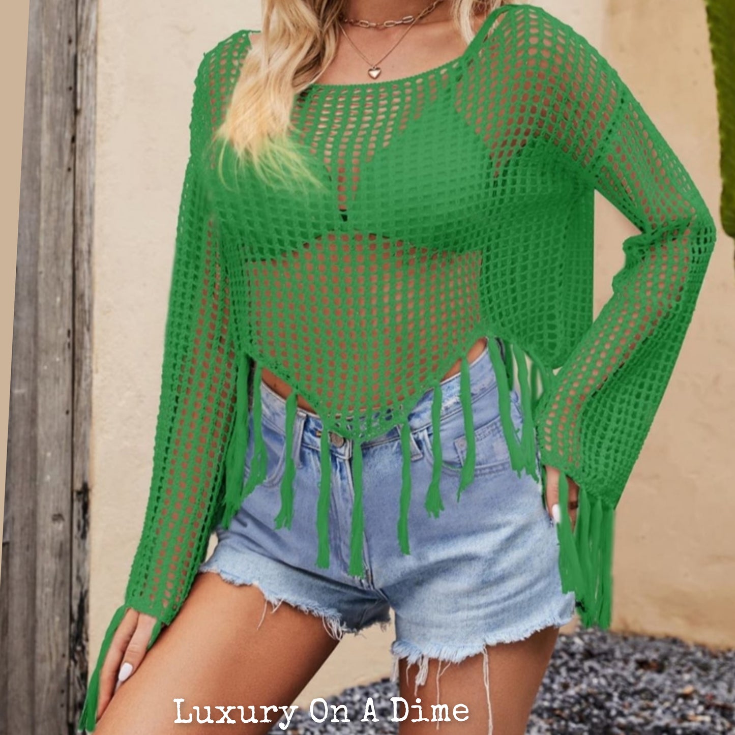 Openwork Fishnet Fringe Trim Long Sleeve Crop Top Cover Up White