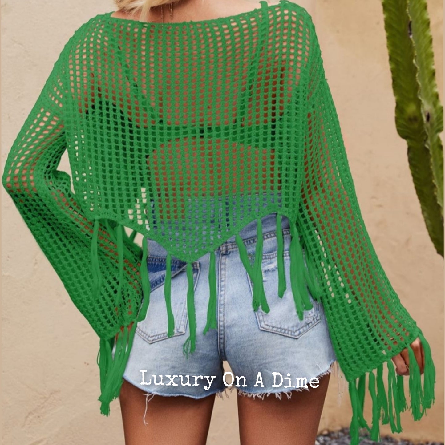 Openwork Fishnet Fringe Trim Long Sleeve Crop Top Cover Up White