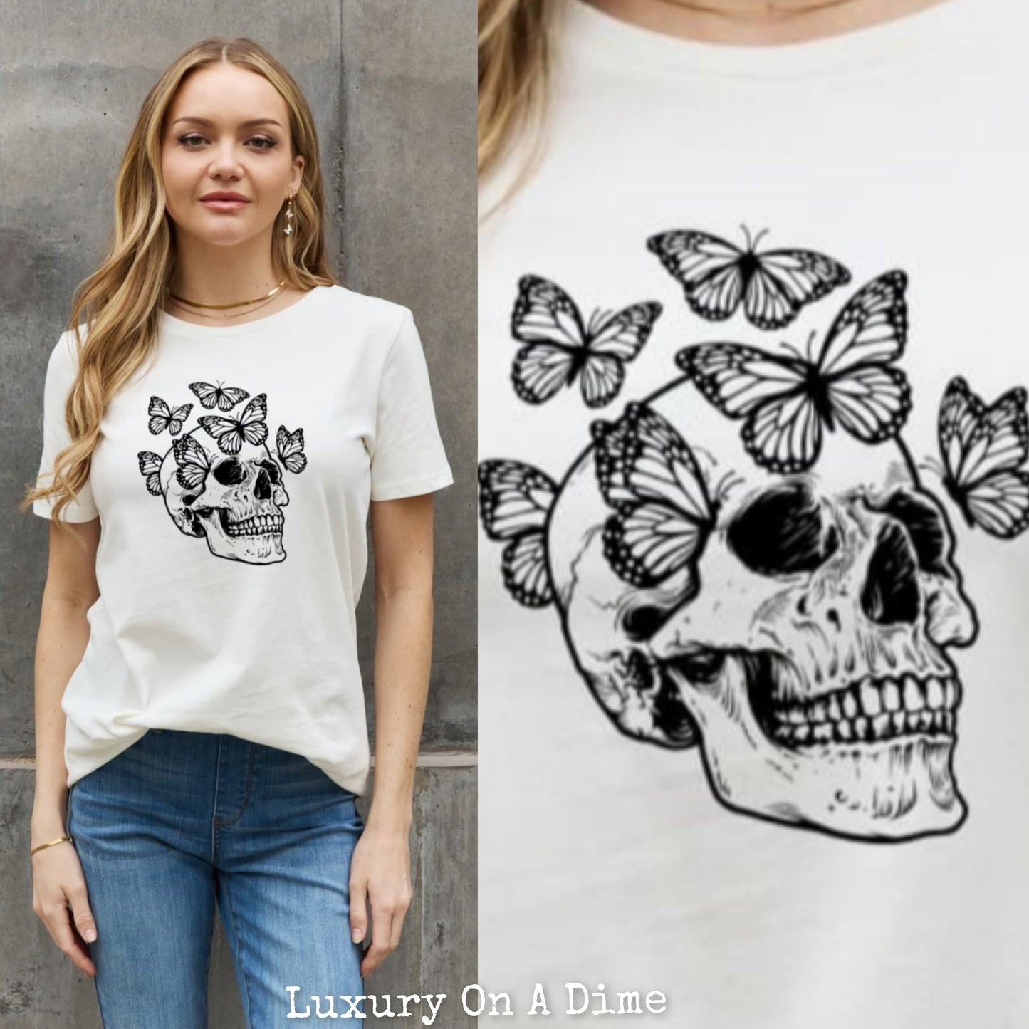 Skull Butterfly Contrasting Graphic 100% Cotton Short-sleeve Tee Shirt