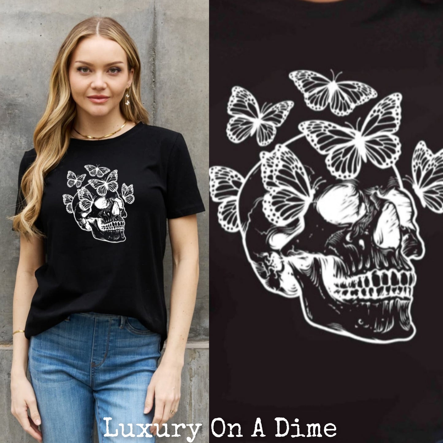 Skull Butterfly Contrasting Graphic 100% Cotton Short-sleeve Tee Shirt