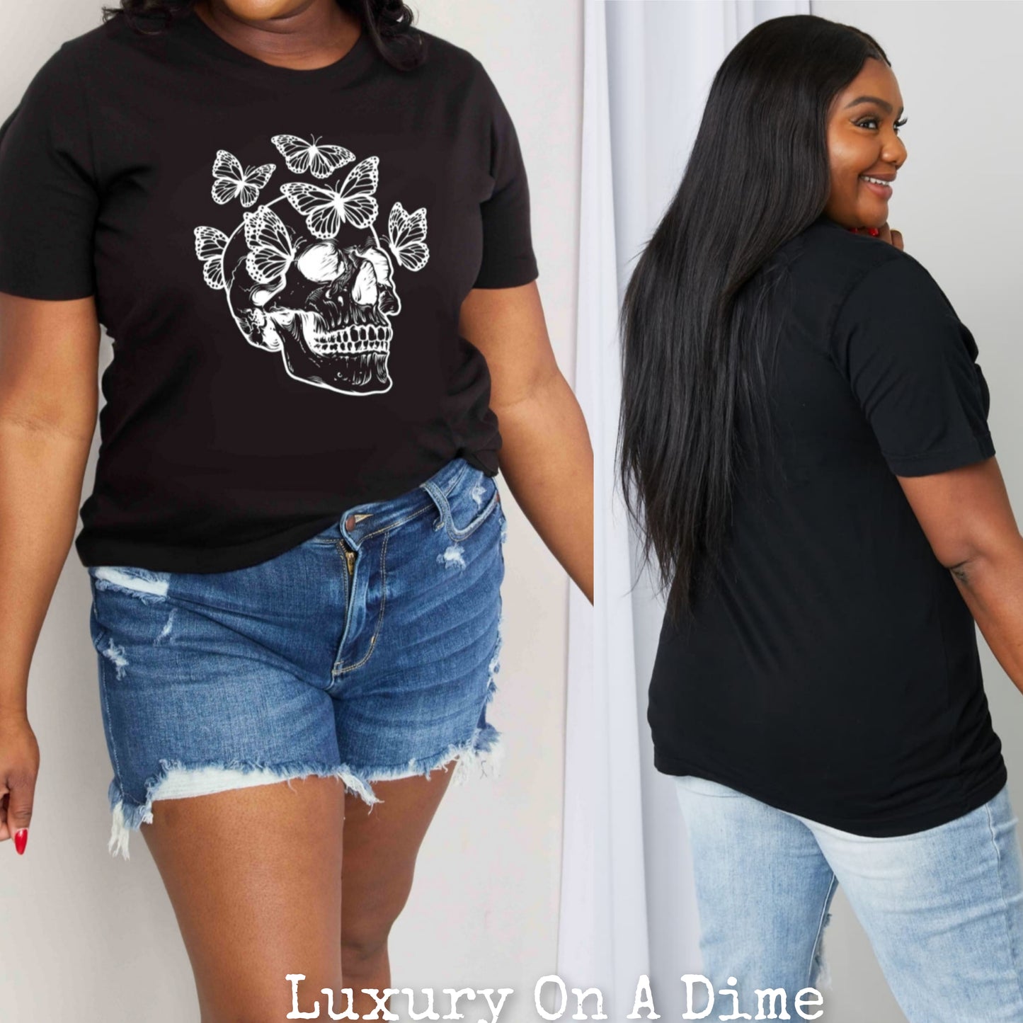 Skull Butterfly Contrasting Graphic 100% Cotton Short-sleeve Tee Shirt