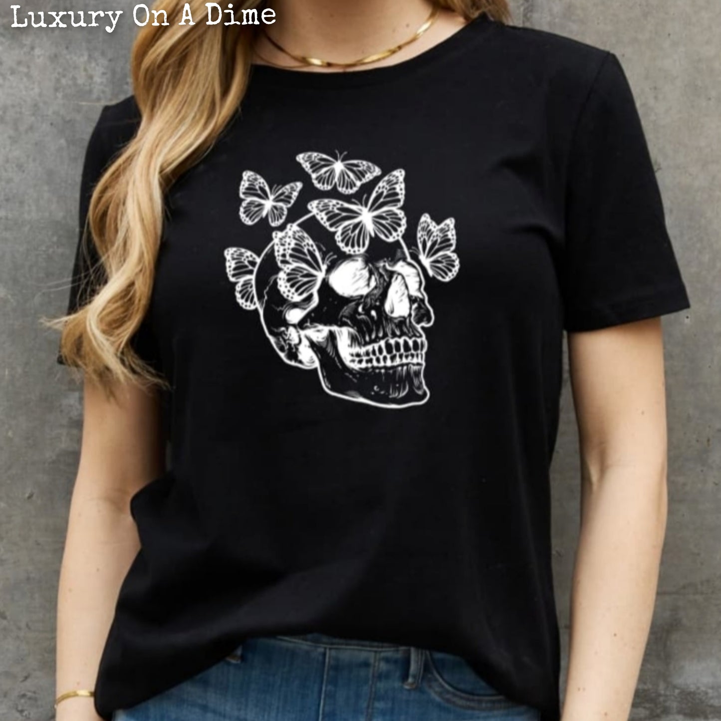 Skull Butterfly Contrasting Graphic 100% Cotton Short-sleeve Tee Shirt
