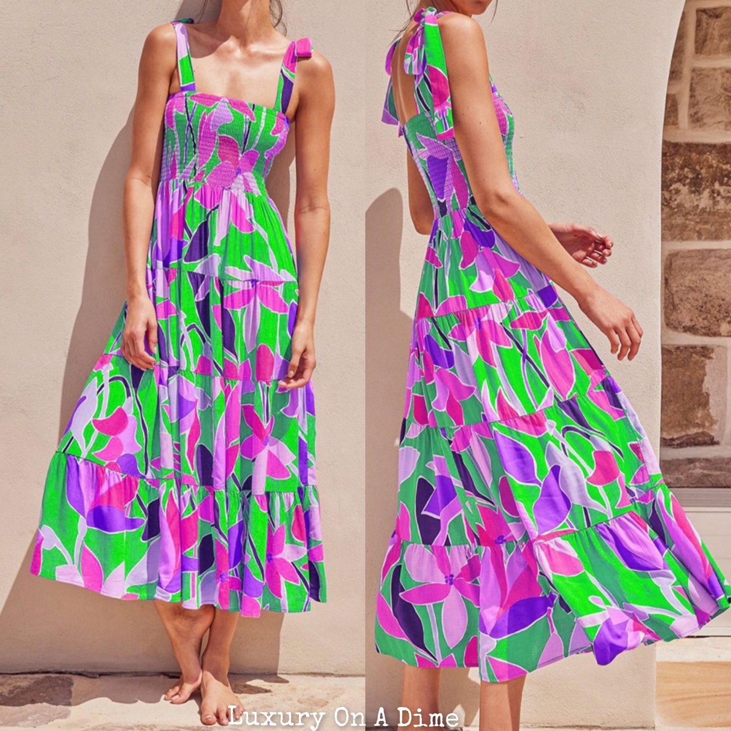Bright Neon Floral Abstract Tie Shoulder Smocked Bodice Tiered Maxi Summer Dress