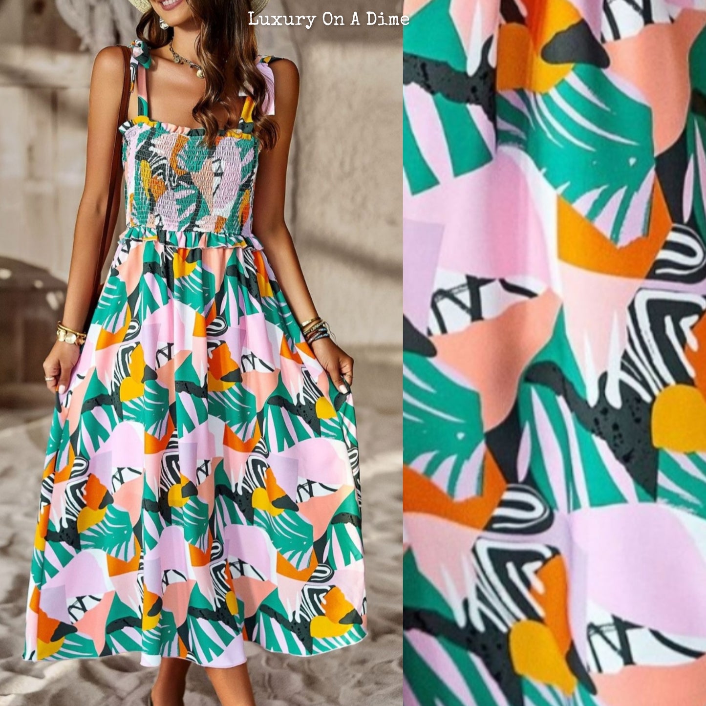 Colorful Bright Print Smocked Bodice Tie Shoulder Summer Midi Dress (5 colors Available)