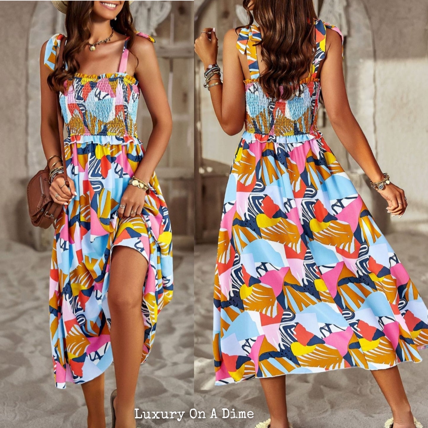 Colorful Bright Print Smocked Bodice Tie Shoulder Summer Midi Dress (5 colors Available)