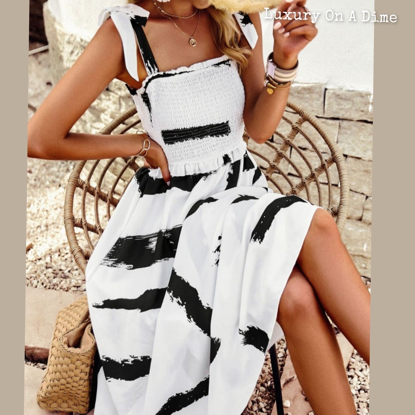 Colorful Bright Print Smocked Bodice Tie Shoulder Summer Midi Dress (5 colors Available)