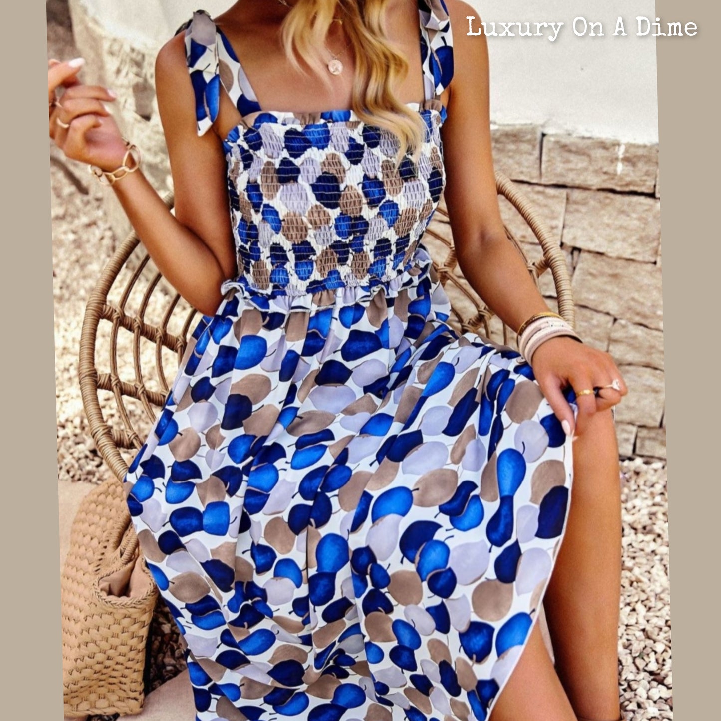Colorful Bright Print Smocked Bodice Tie Shoulder Summer Midi Dress (5 colors Available)