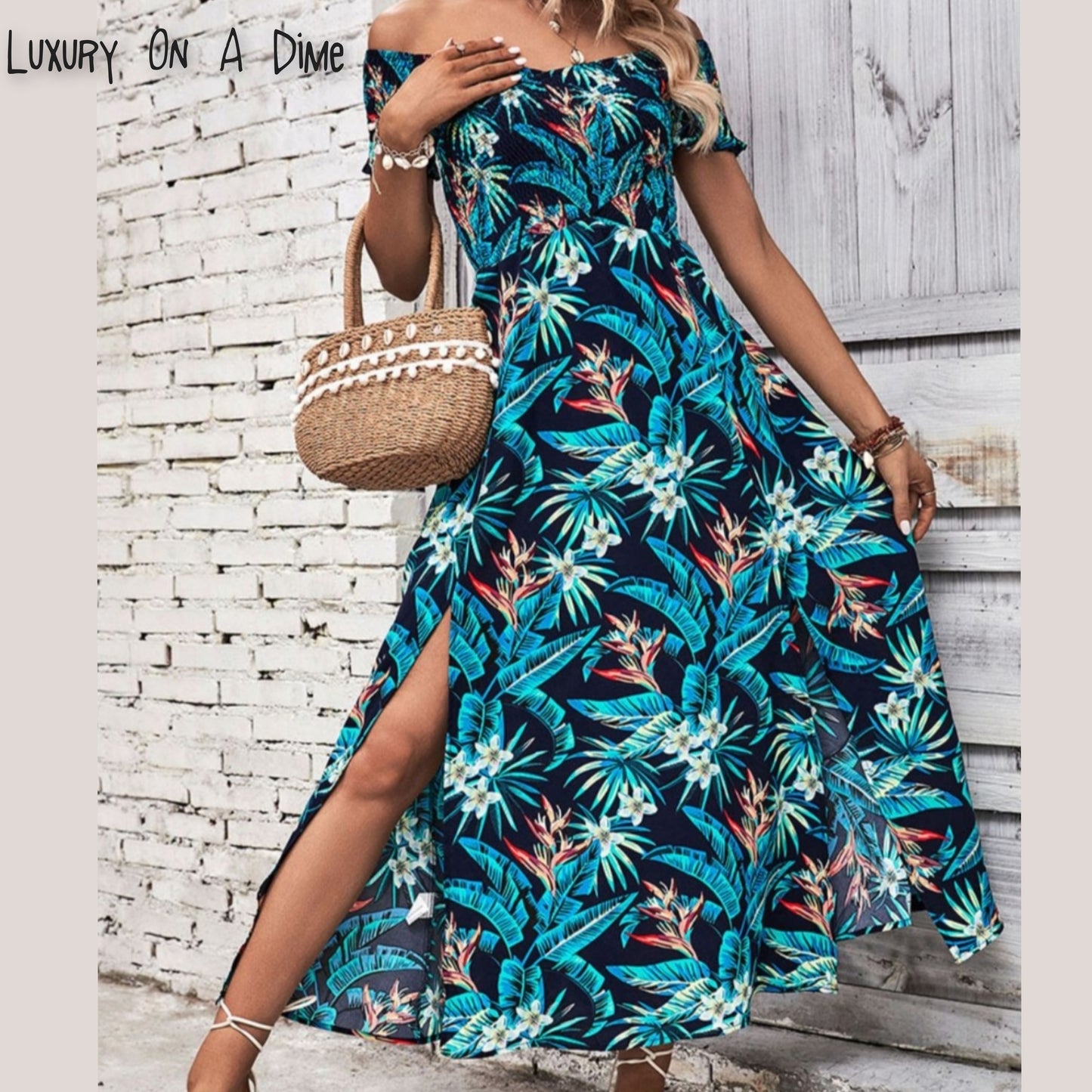 Tropical Floral Off-Shoulder Smocked Bodice Summer Maxi Dress