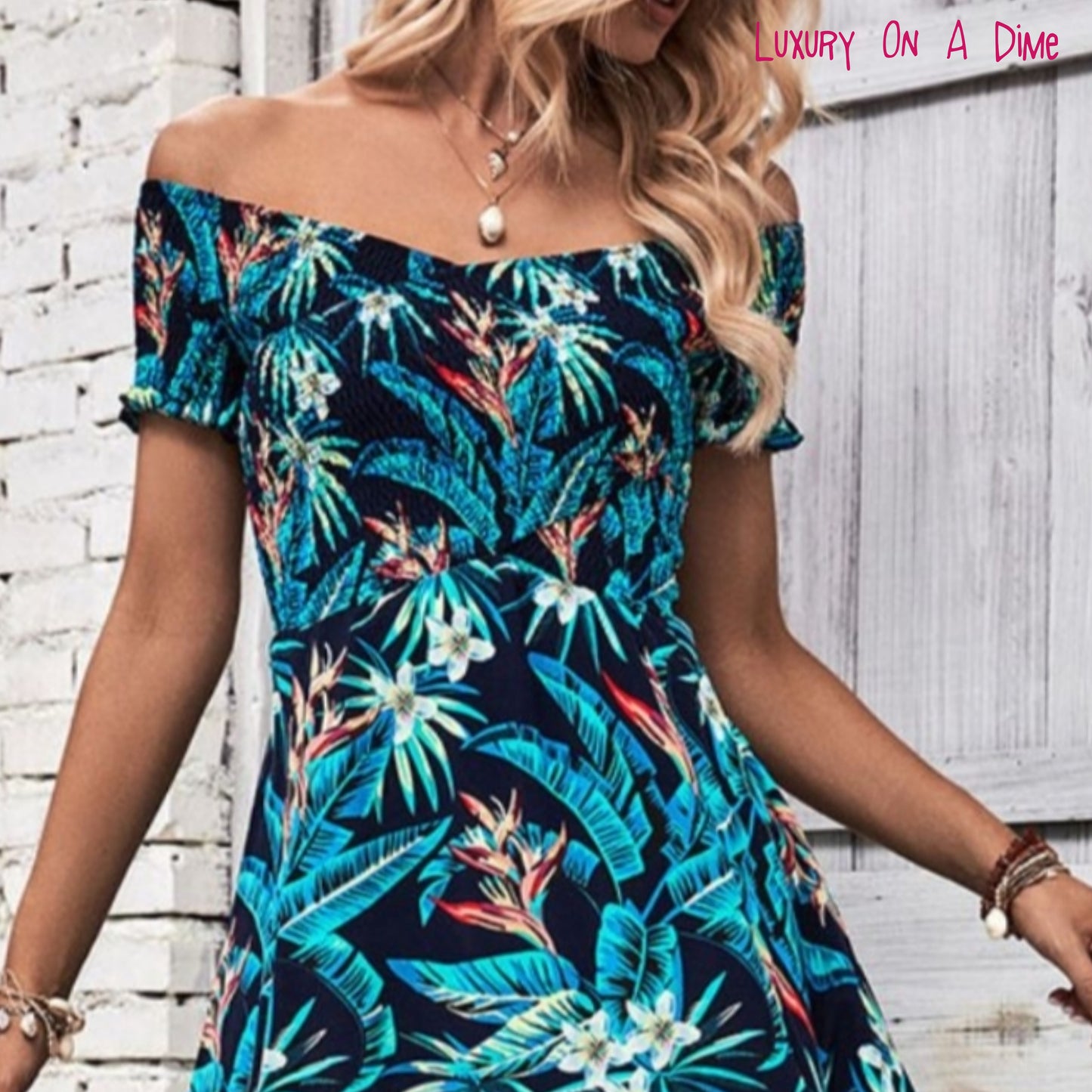 Tropical Floral Off-Shoulder Smocked Bodice Summer Maxi Dress