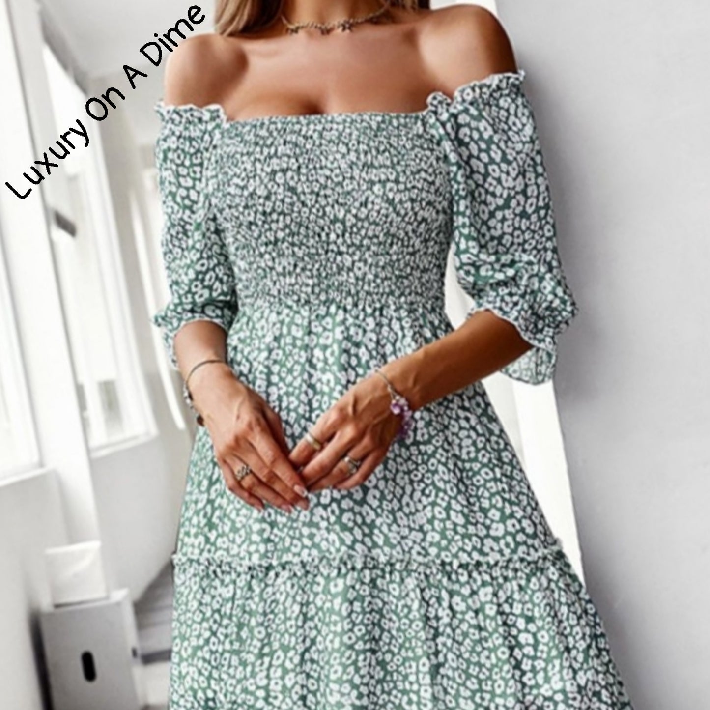 Pastel Ditsy Floral Midi Off-Shoulder Smocked Dress