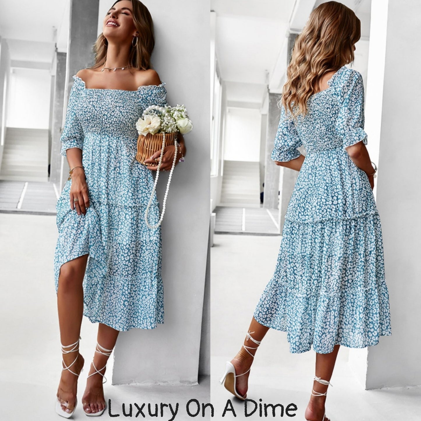 Pastel Ditsy Floral Midi Off-Shoulder Smocked Dress