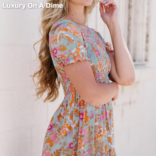 Retro 70s Floral Smock Bodice Short Sleeve Modest Midi Dress